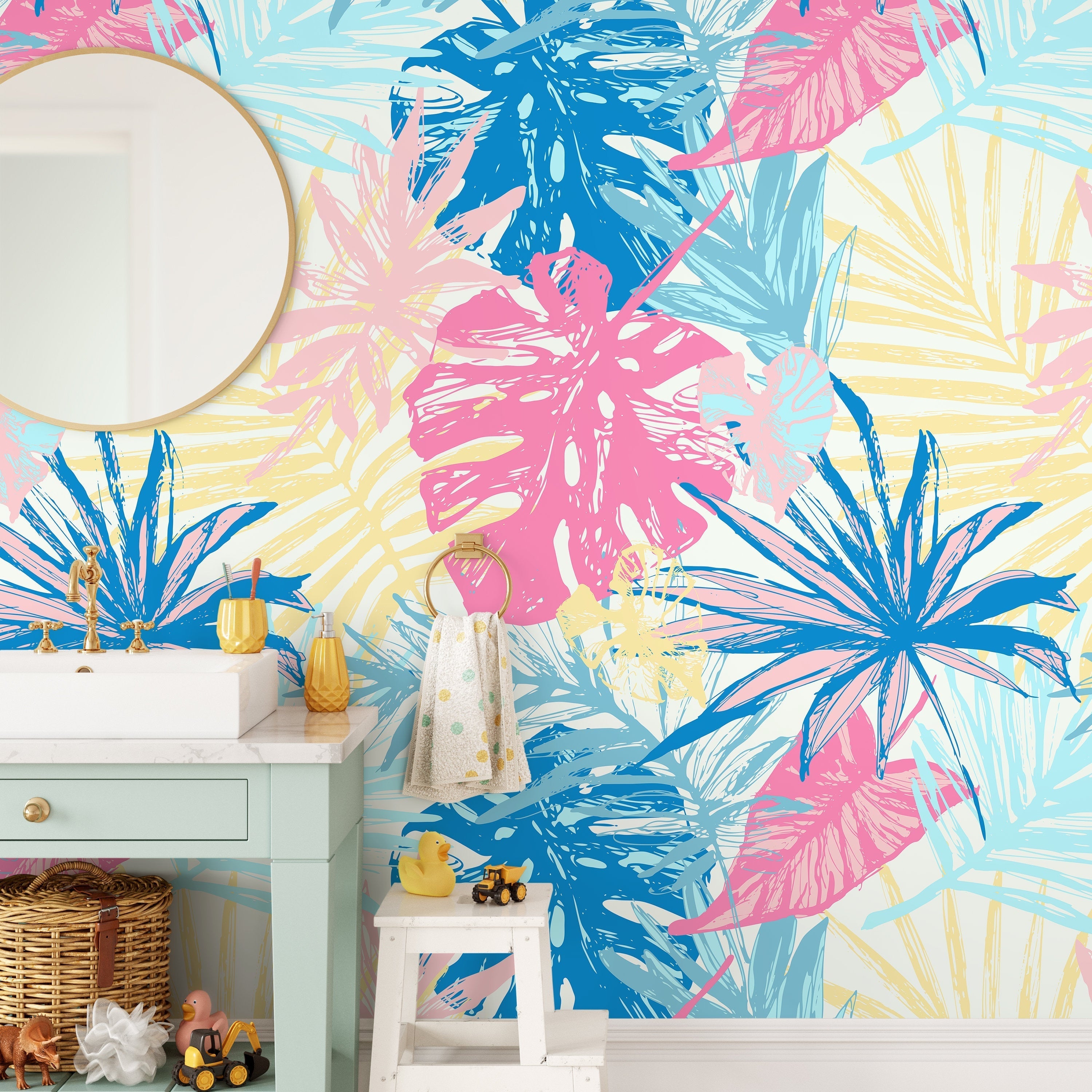 Tropical Wallpaper With A Painterly Leaf Motif In Blue, Pink, And Yellow - A652
