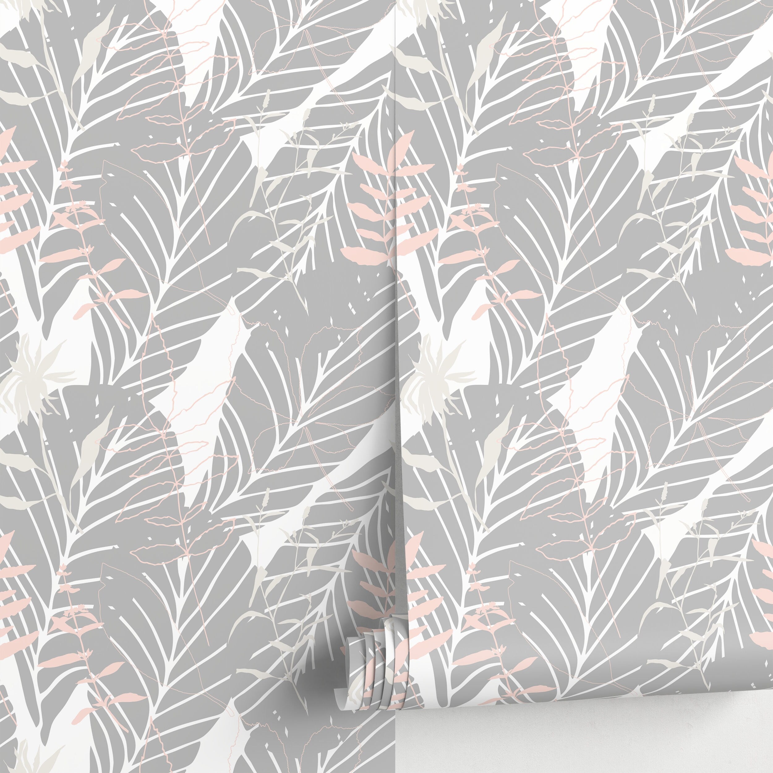 Botanical Wallpaper With Layered Leaf Silhouettes In Gray, Pink, And White - A678