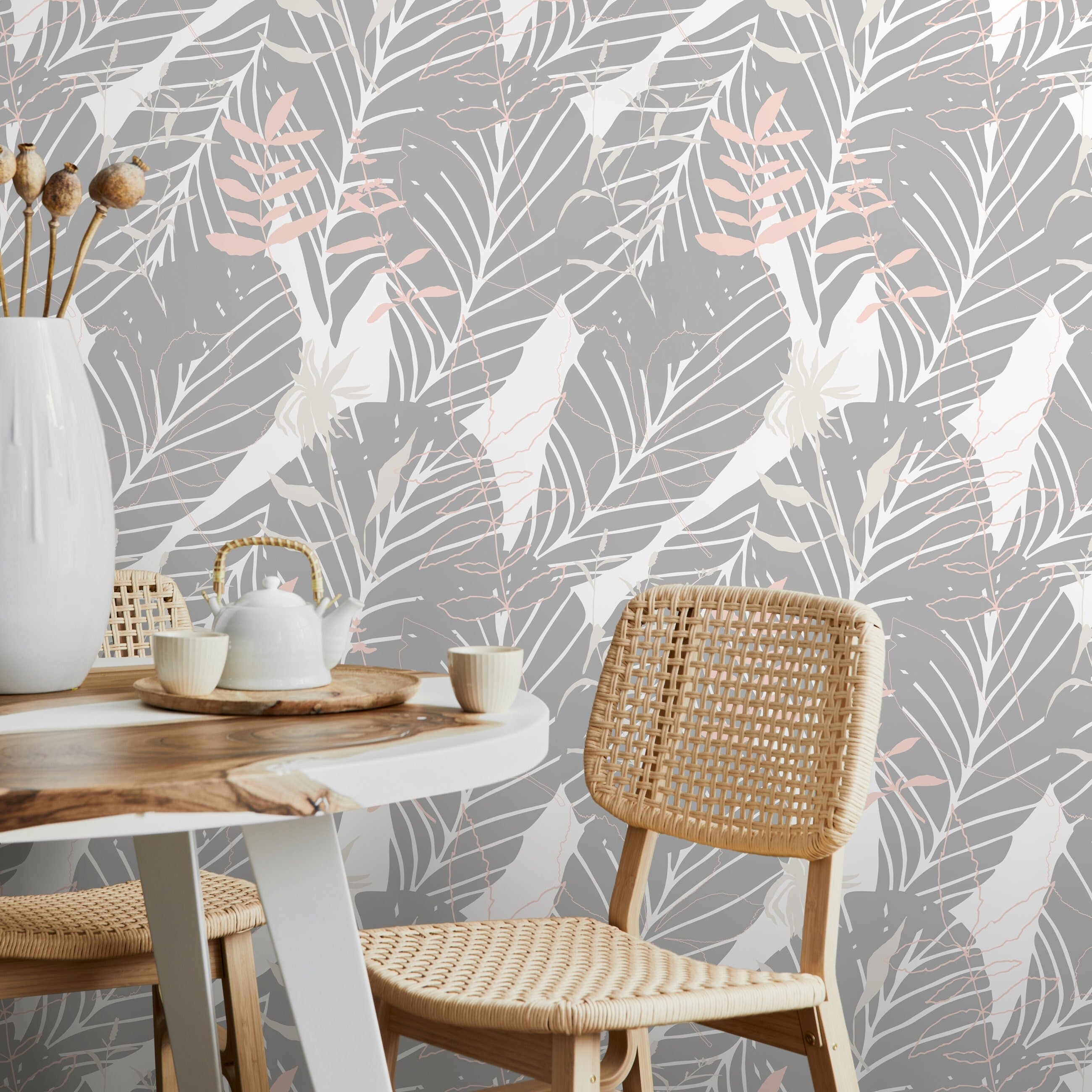 Botanical Wallpaper With Layered Leaf Silhouettes In Gray, Pink, And White - A678