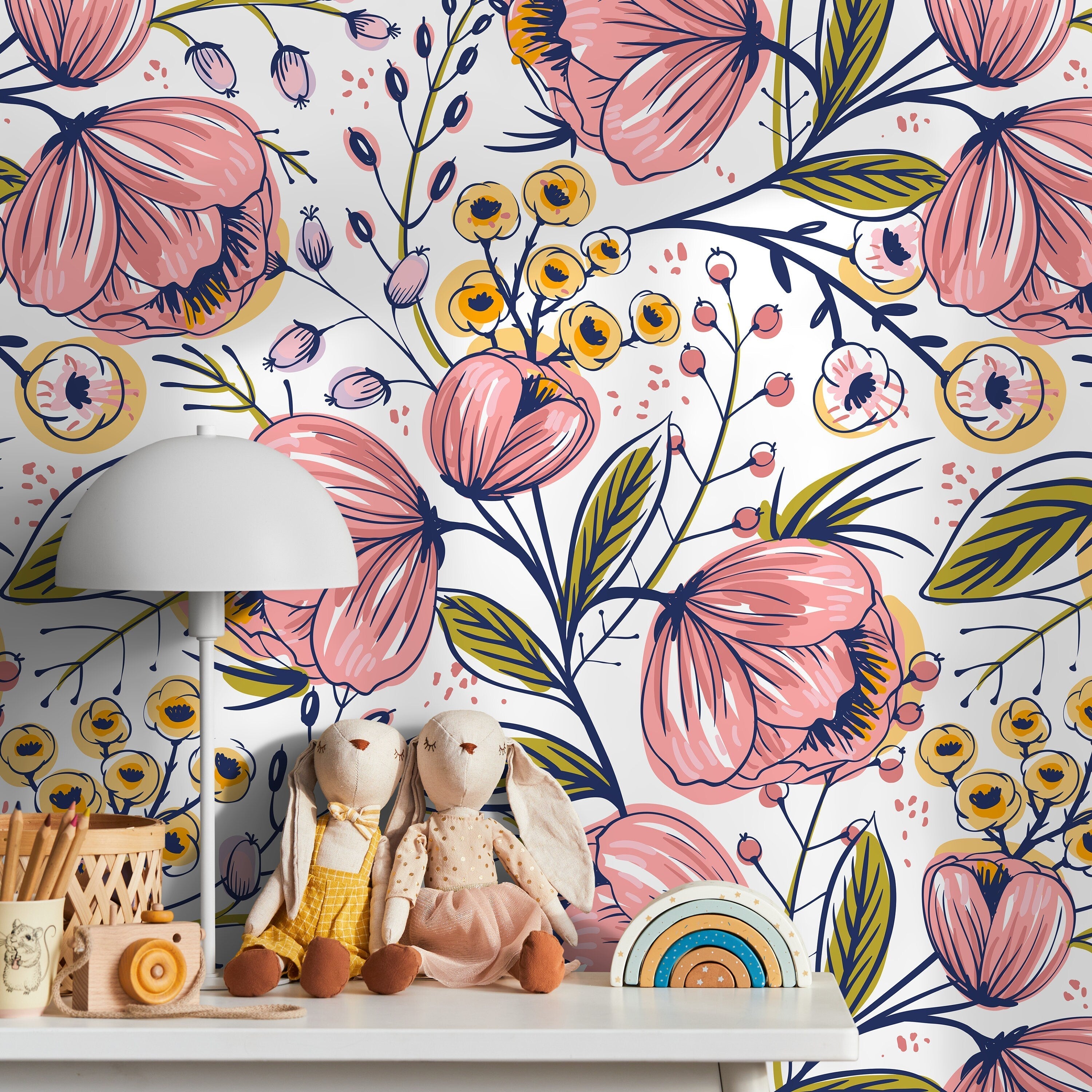 Floral Wallpaper With Stylized Blooms In Pink, Yellow, And Blue - A692