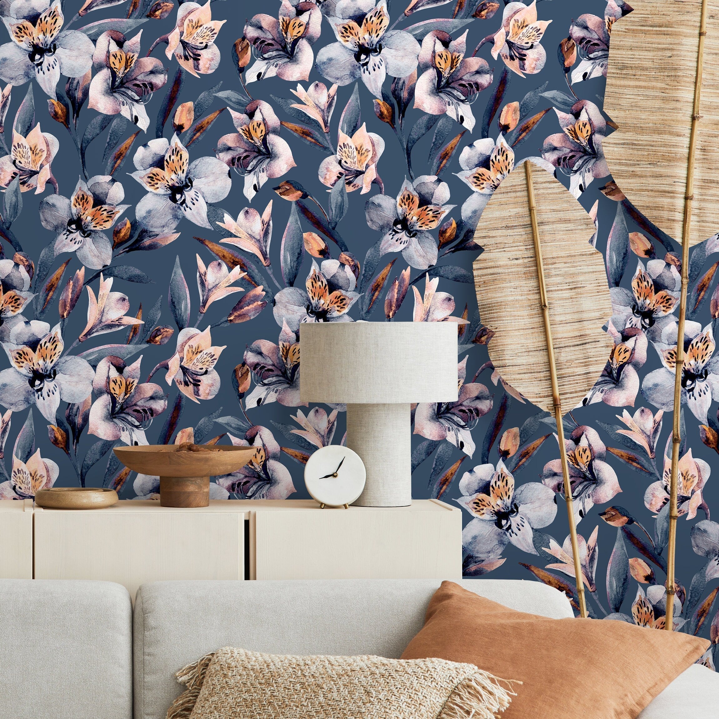 Floral Wallpaper With Painterly Blooms In Blue, Pink, And Orange - A939