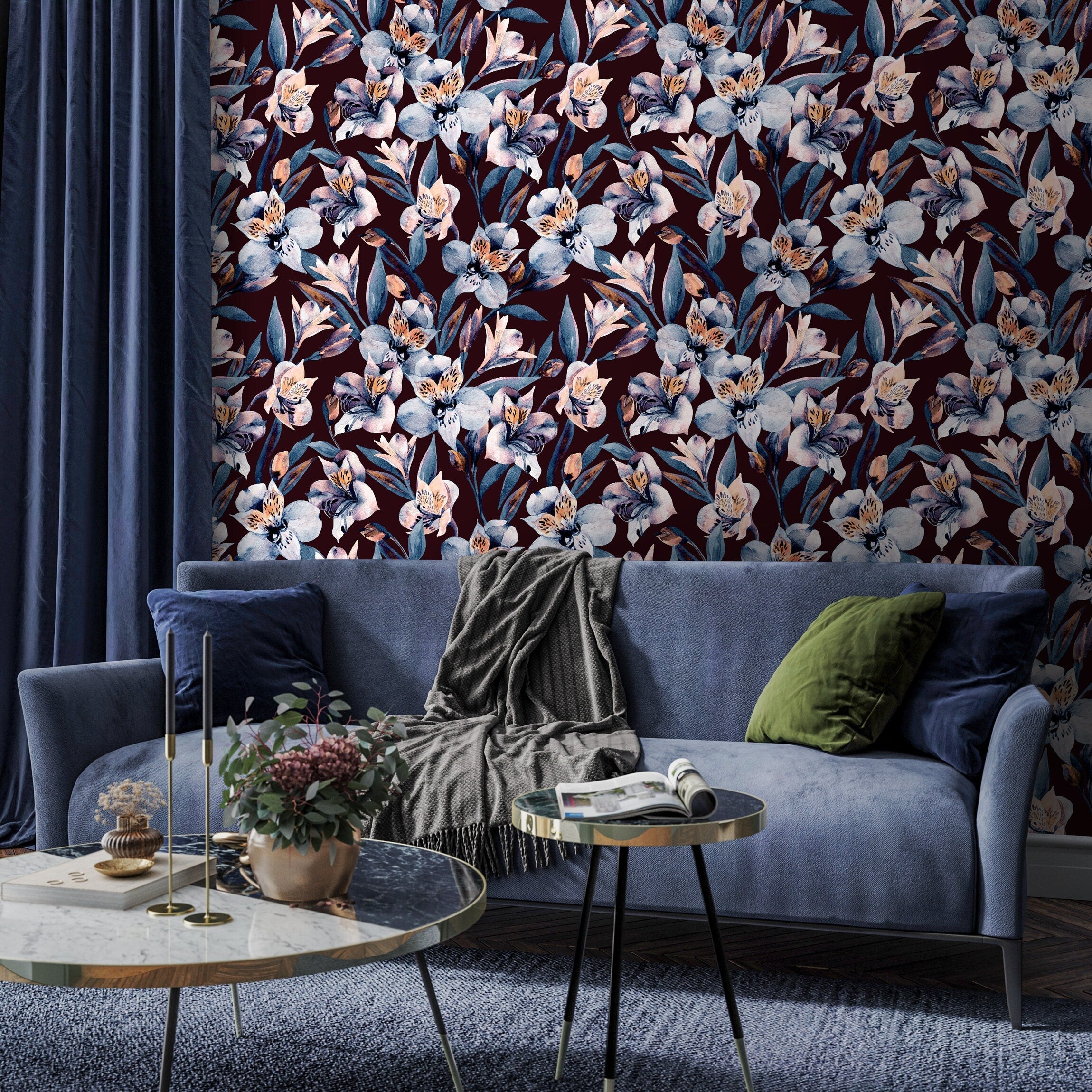 Floral Wallpaper Featuring Watercolor Lilies In Blue, Orange, And Burgundy - A942