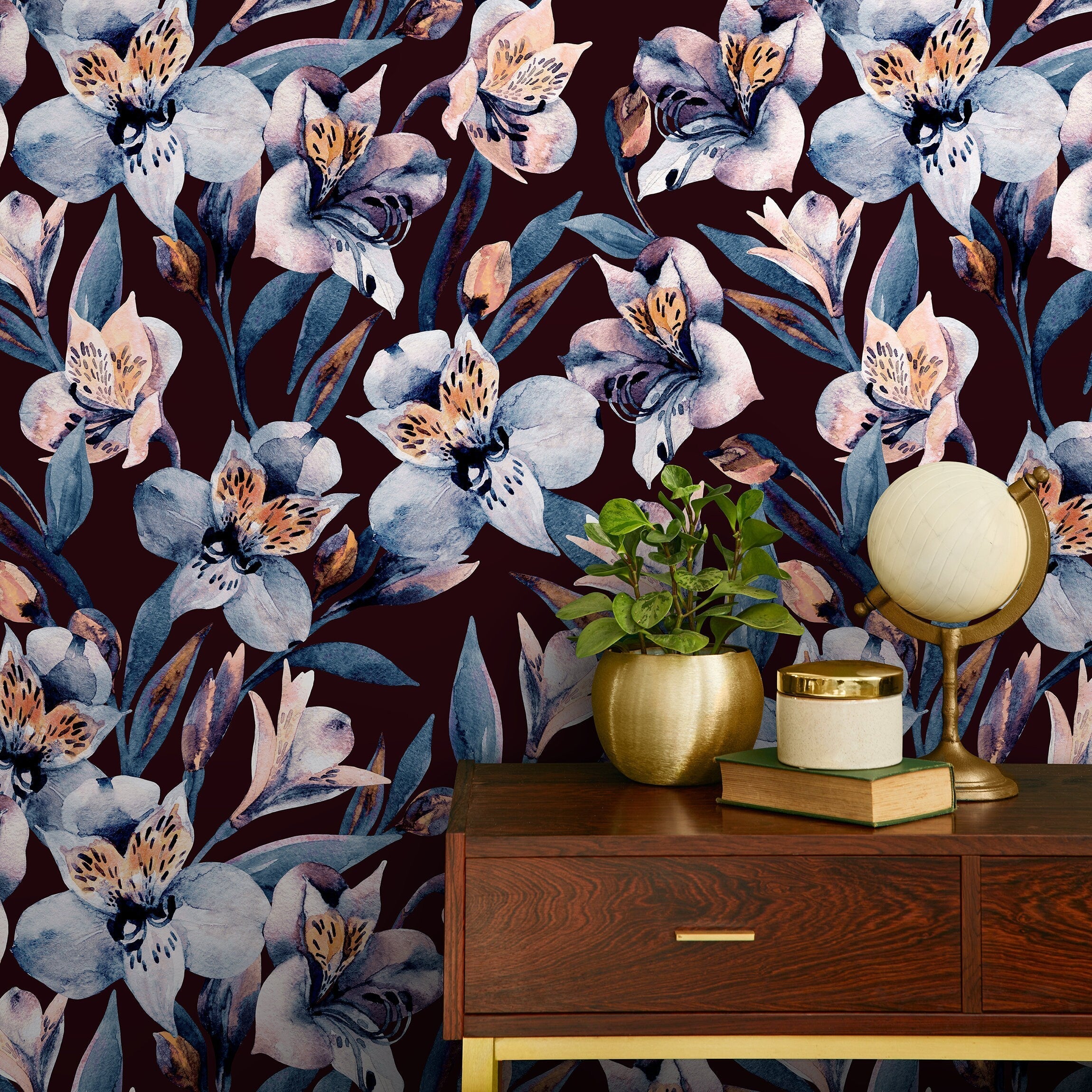 Floral Wallpaper Featuring Watercolor Lilies In Blue, Orange, And Burgundy - A942