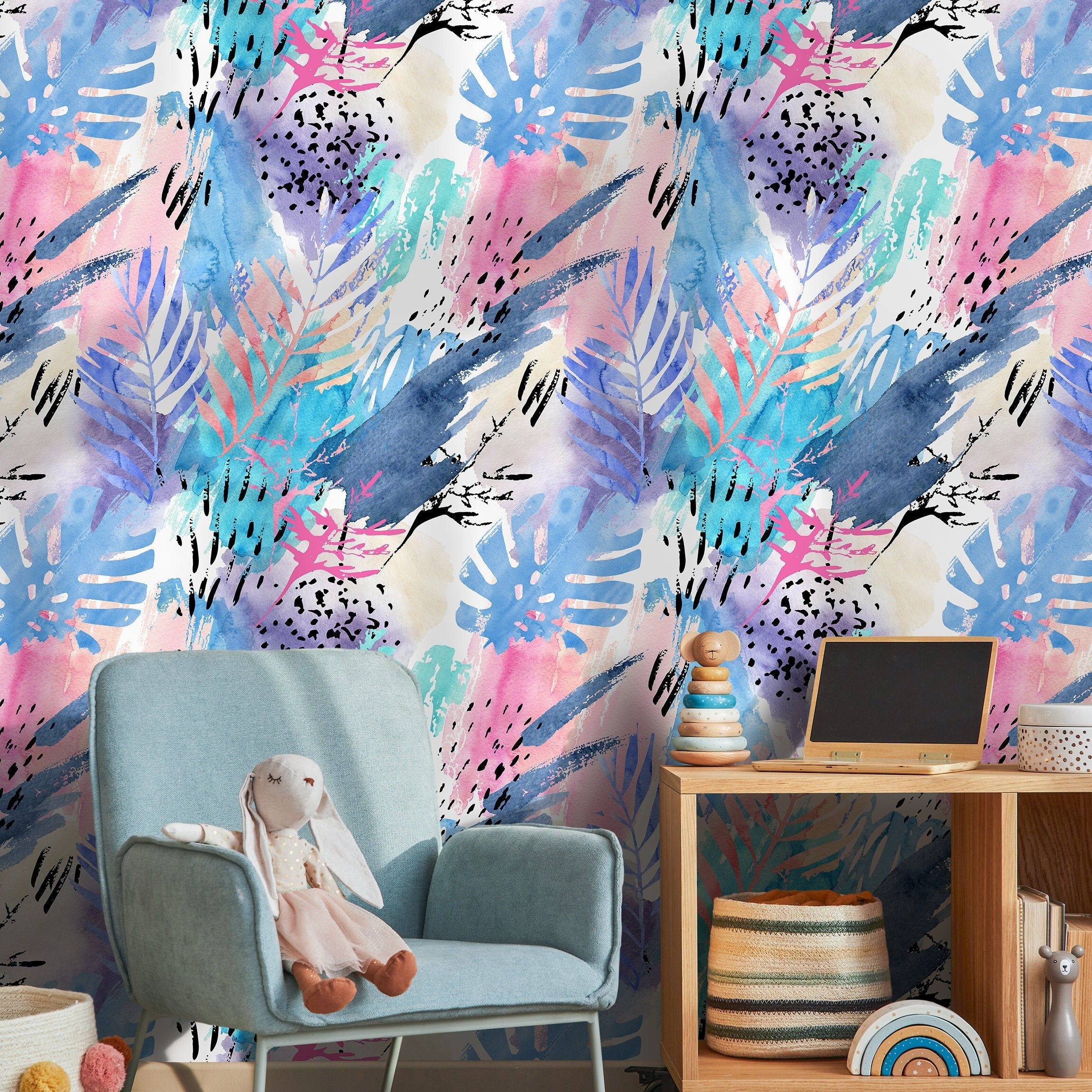 Abstract Wallpaper With Watercolor Tropical Leaves In Blue, Pink, And Purple - A965