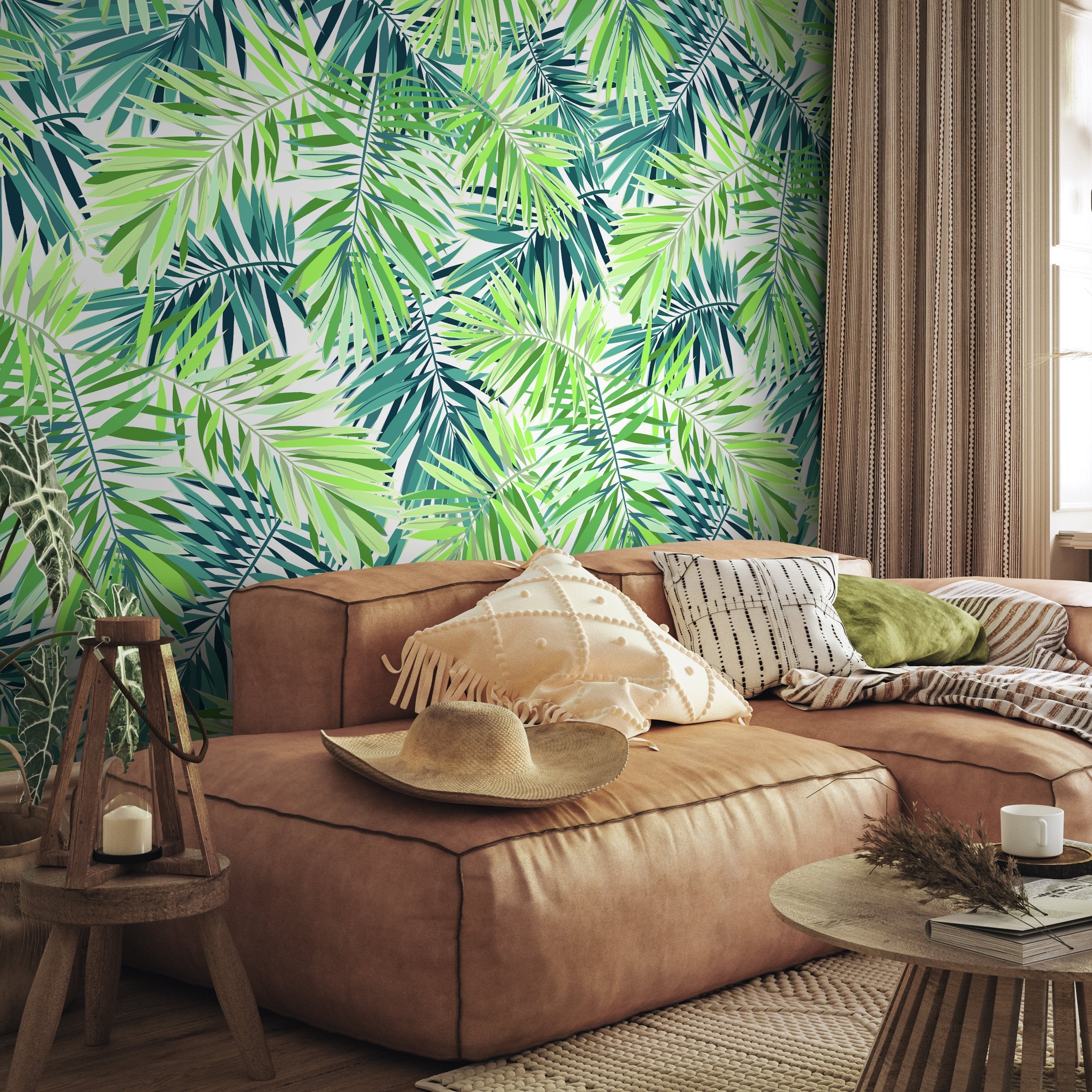 Botanical Wallpaper With Layered Palm Fronds In Green And Teal - A011