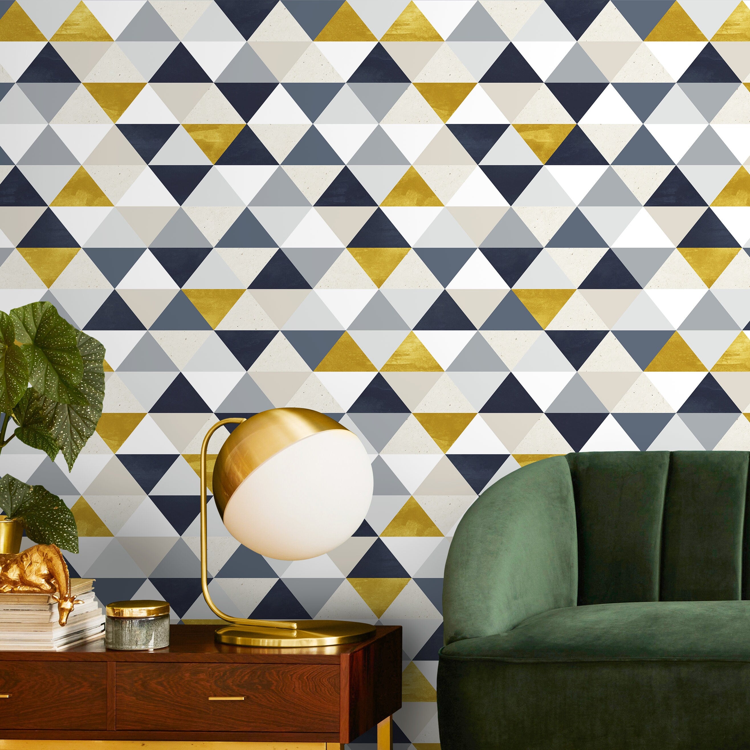 Geometric Wallpaper With A Modern Triangle Motif In Gold, Grey, And Blue - A196