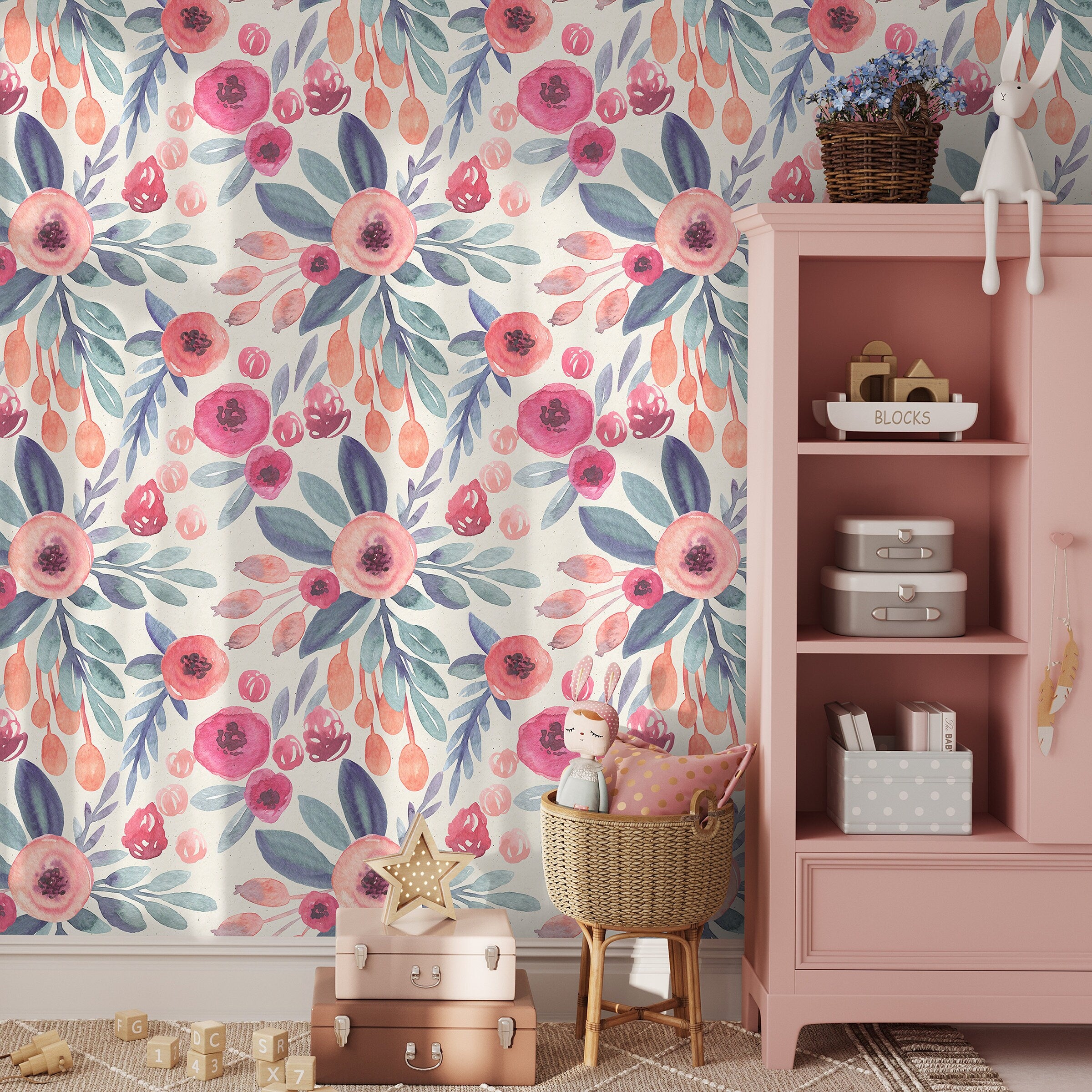 Floral Wallpaper Featuring A Watercolor Motif In Pink, Blue, And Peach - A264