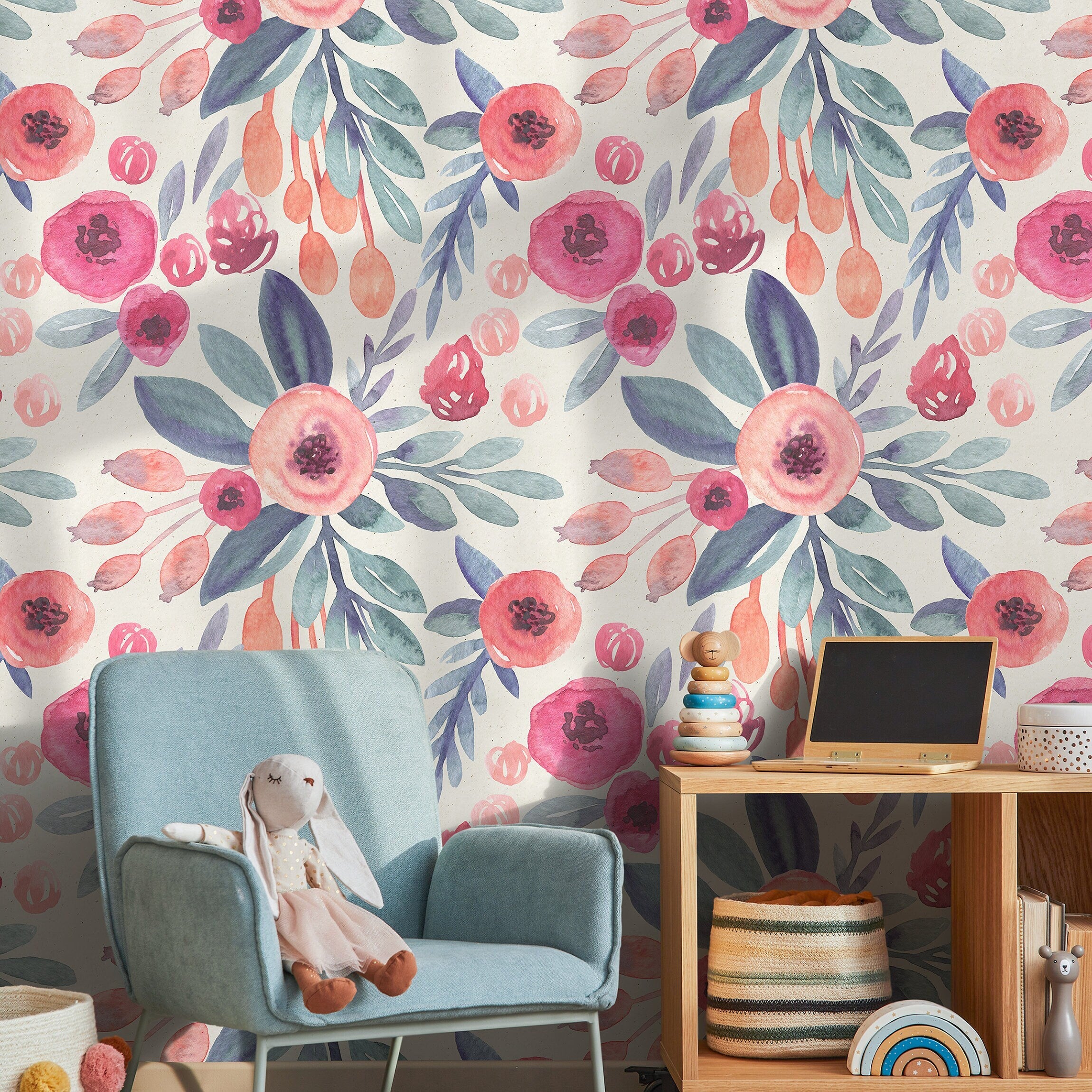 Floral Wallpaper Featuring A Watercolor Motif In Pink, Blue, And Peach - A264