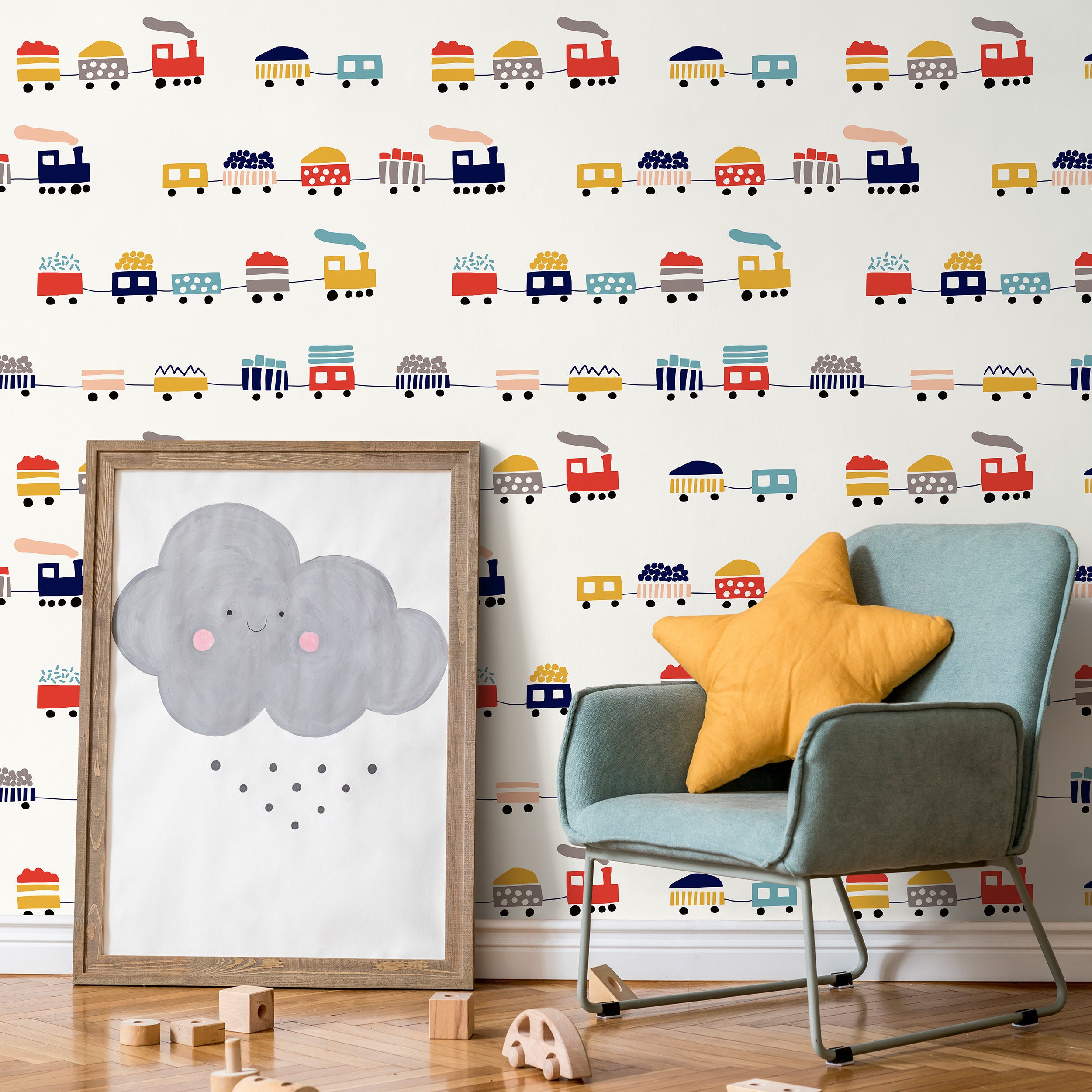 Kids Wallpaper With A Colorful Train Motif In Red, Yellow, And Blue - A328