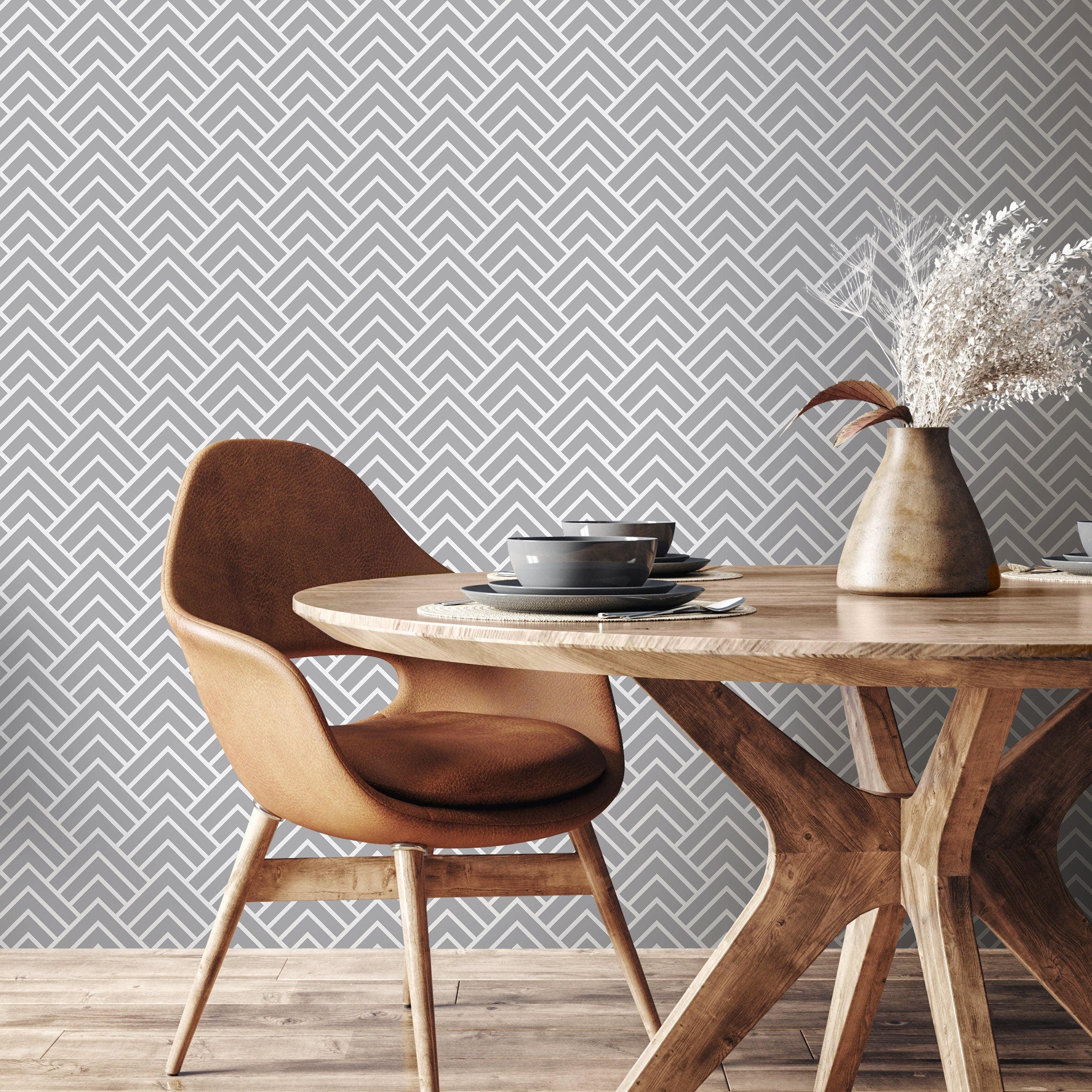 Geometric Wallpaper With An Art Deco-inspired Motif In Grey And White - A329