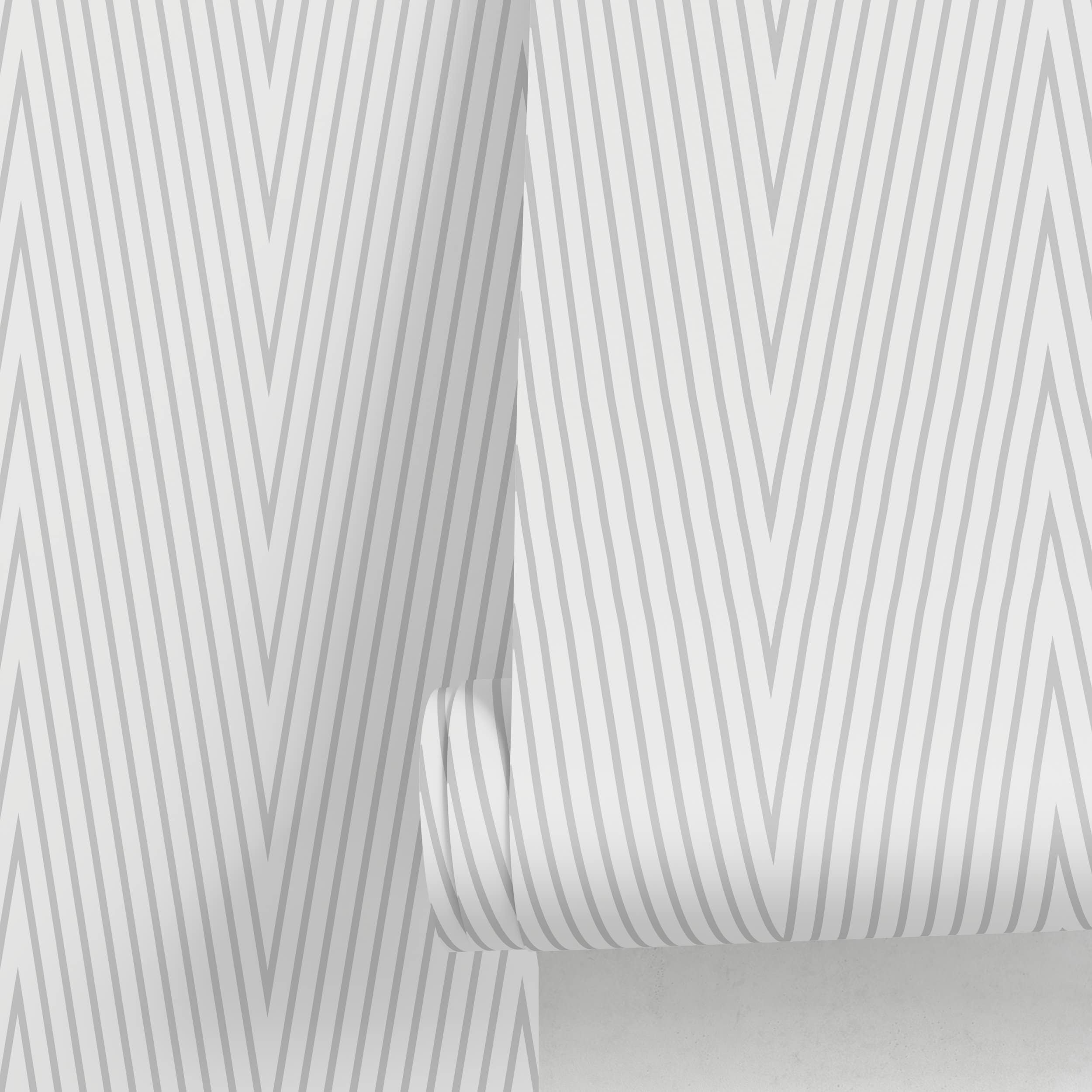Geometric Wallpaper With A Thin Chevron Line Motif In Gray And White - A332