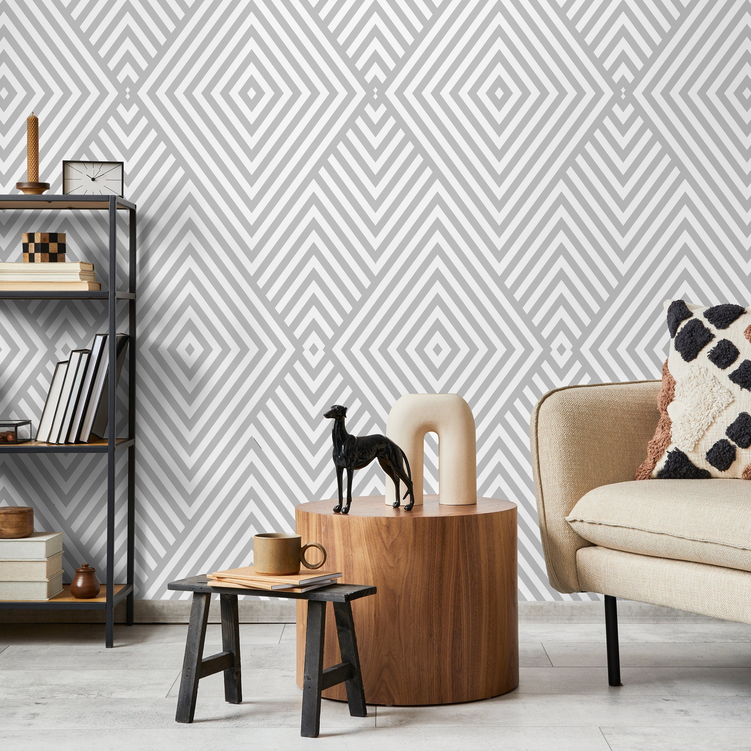 Geometric Wallpaper With A Minimalist Diamond Motif In Gray And White - A335