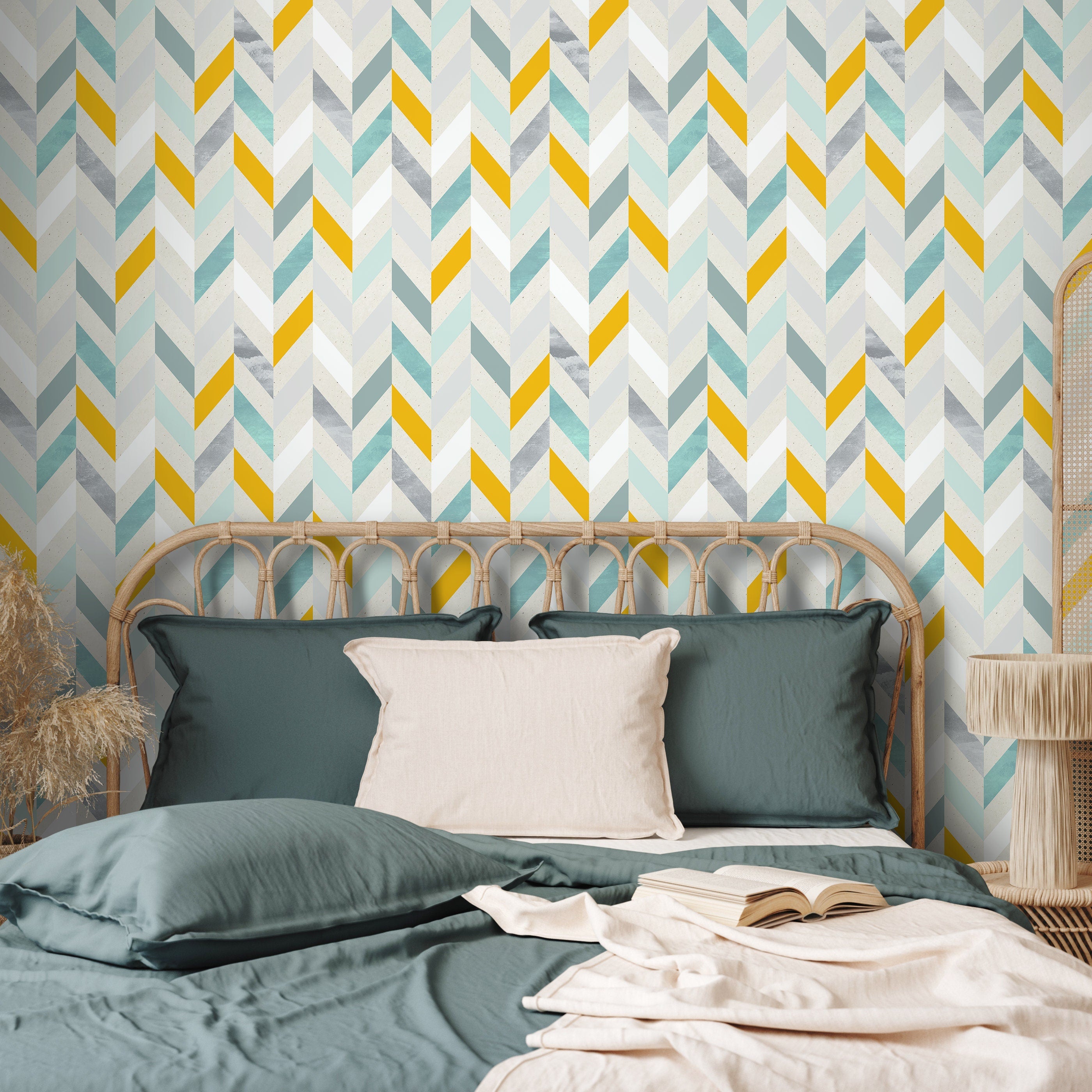 Geometric Wallpaper With A Modern Herringbone Motif In Yellow, Teal, And Grey - A360