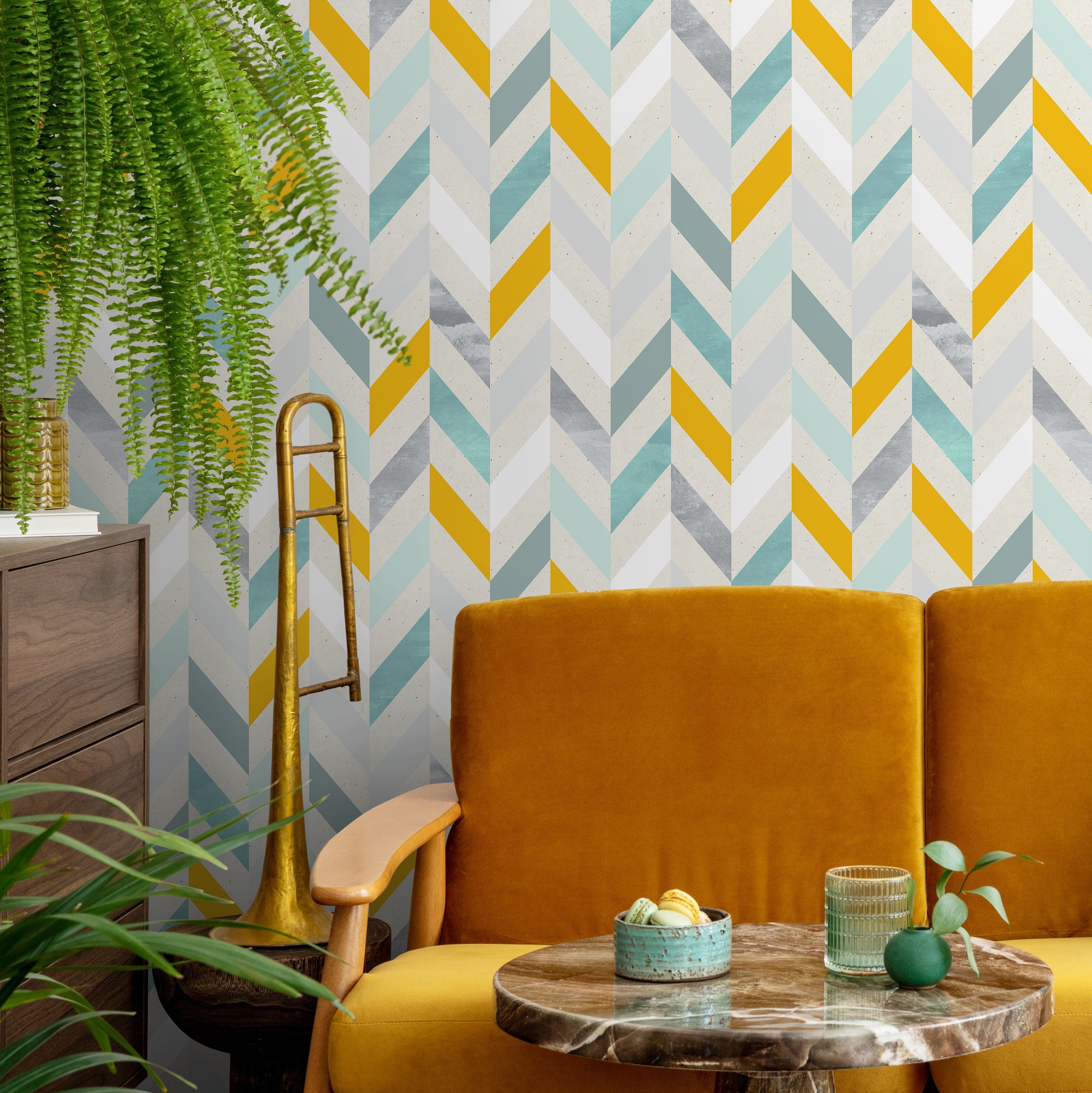 Geometric Wallpaper With A Modern Herringbone Motif In Yellow, Teal, And Grey - A360