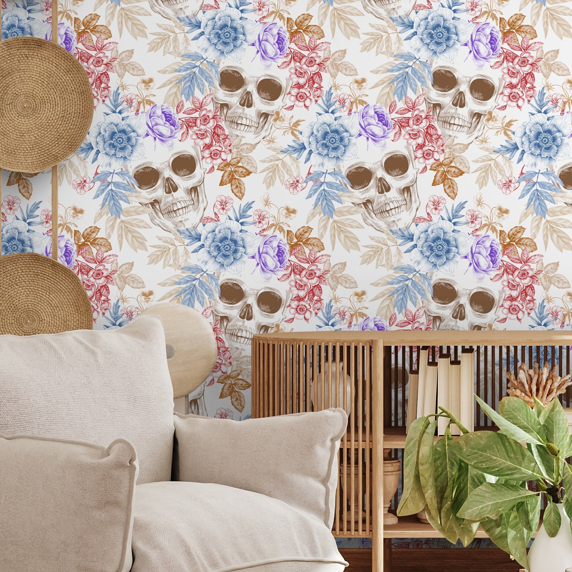 Gothic Wallpaper With A Floral Skull Motif In Blue, Red, And Purple - A364