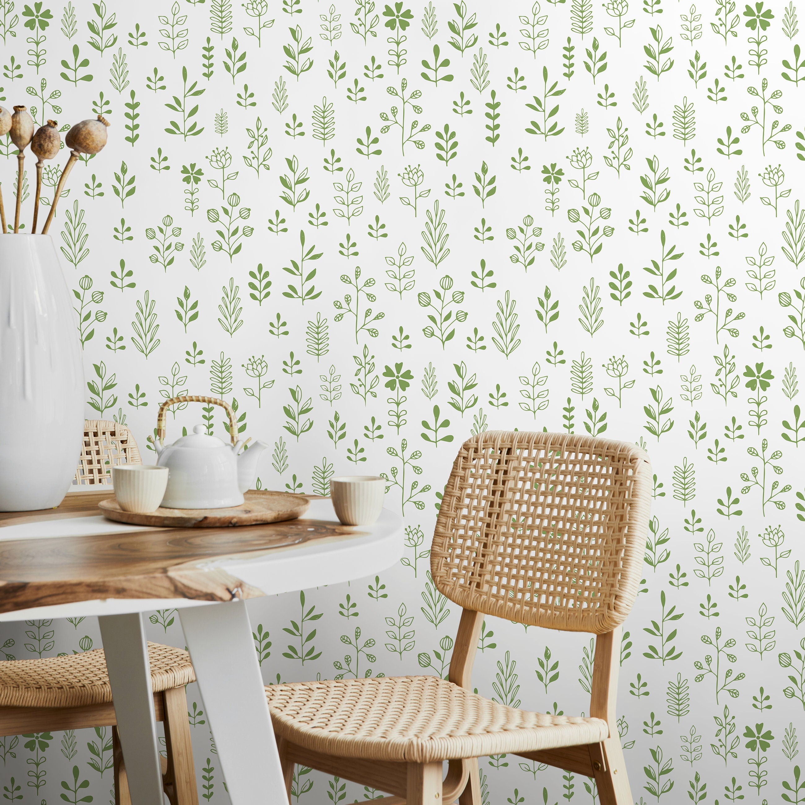 Botanical Wallpaper With Dainty Leaf Illustrations In Green - A365