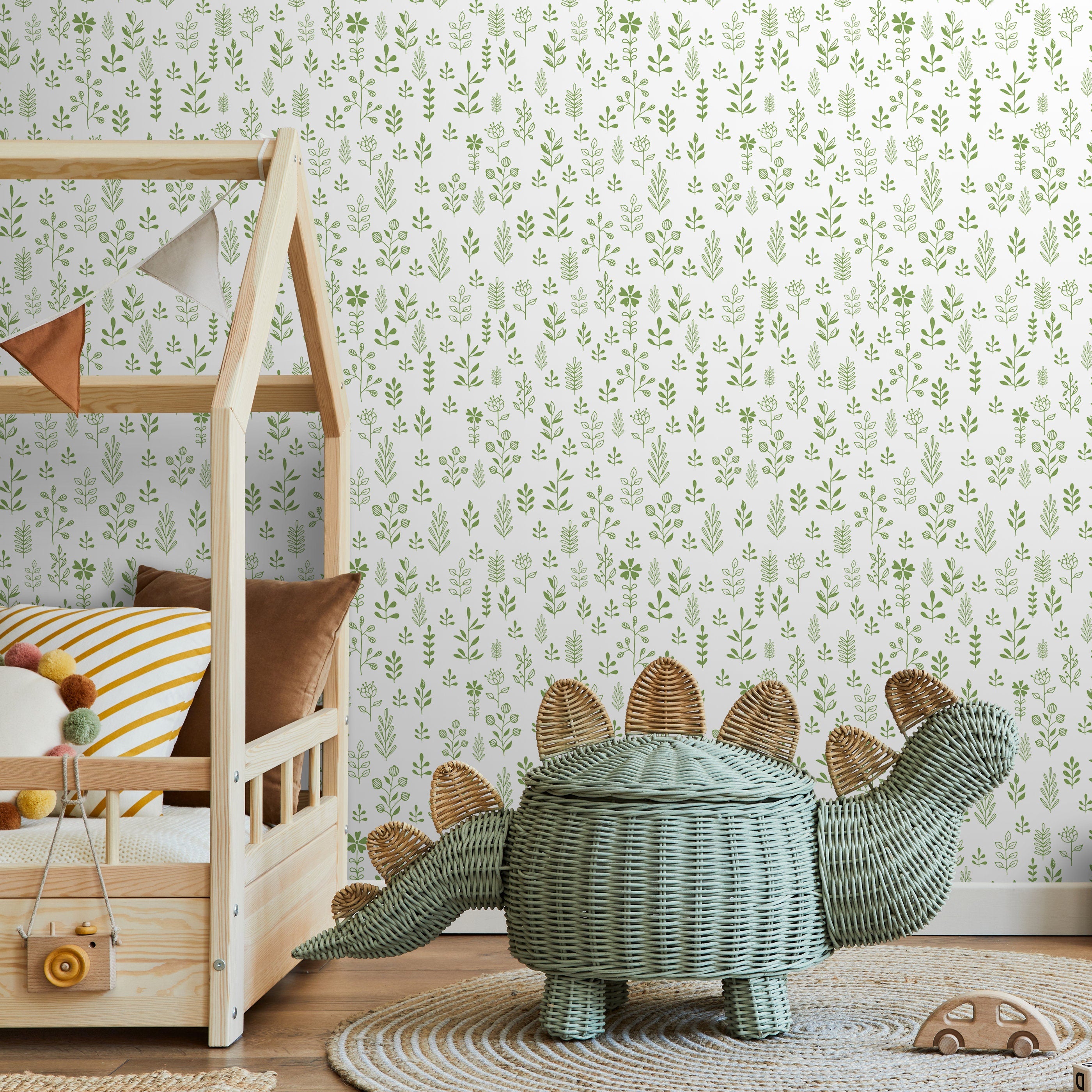 Botanical Wallpaper With Dainty Leaf Illustrations In Green - A365