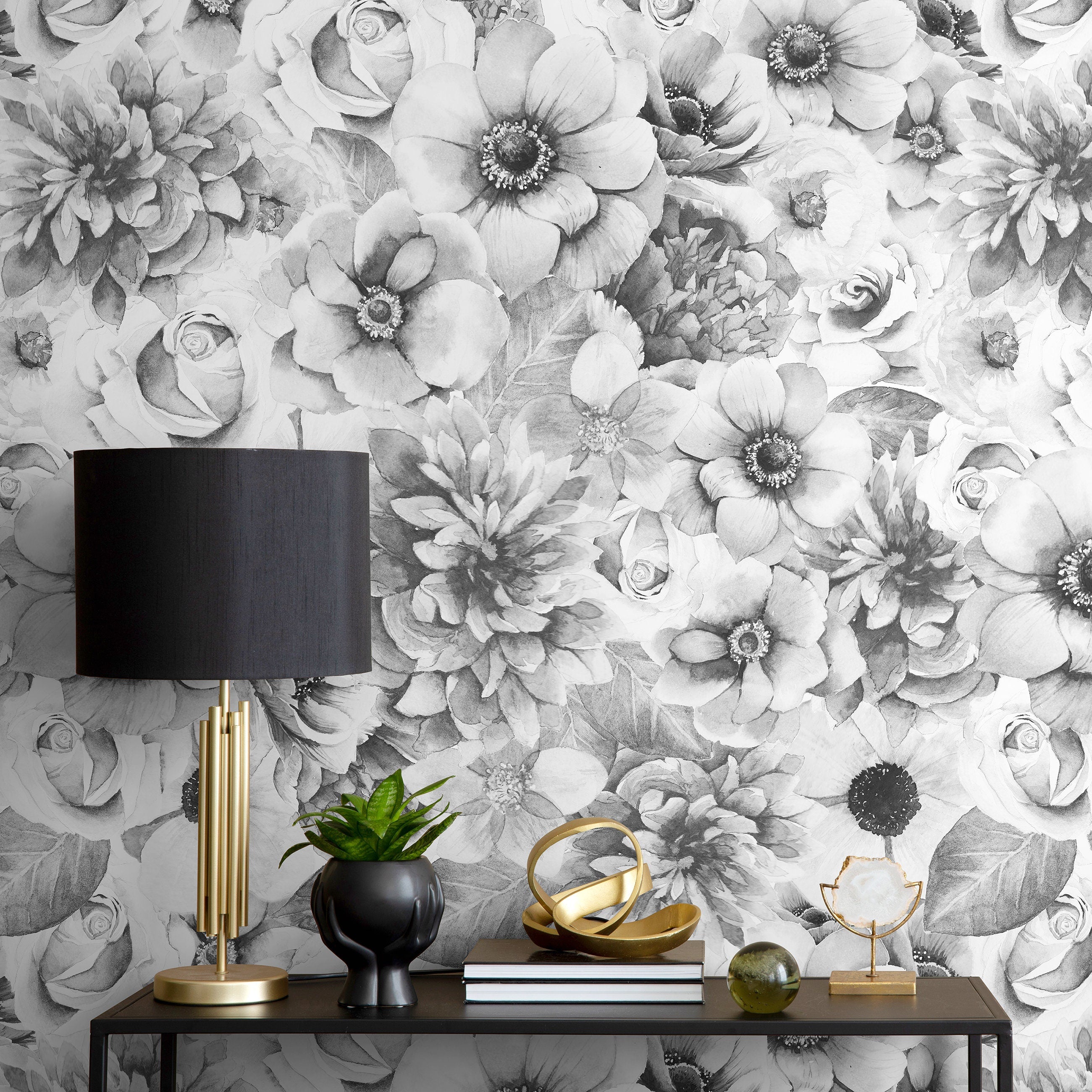 Floral Wallpaper With A Detailed Sketch Of Garden Blooms In Grayscale - A366
