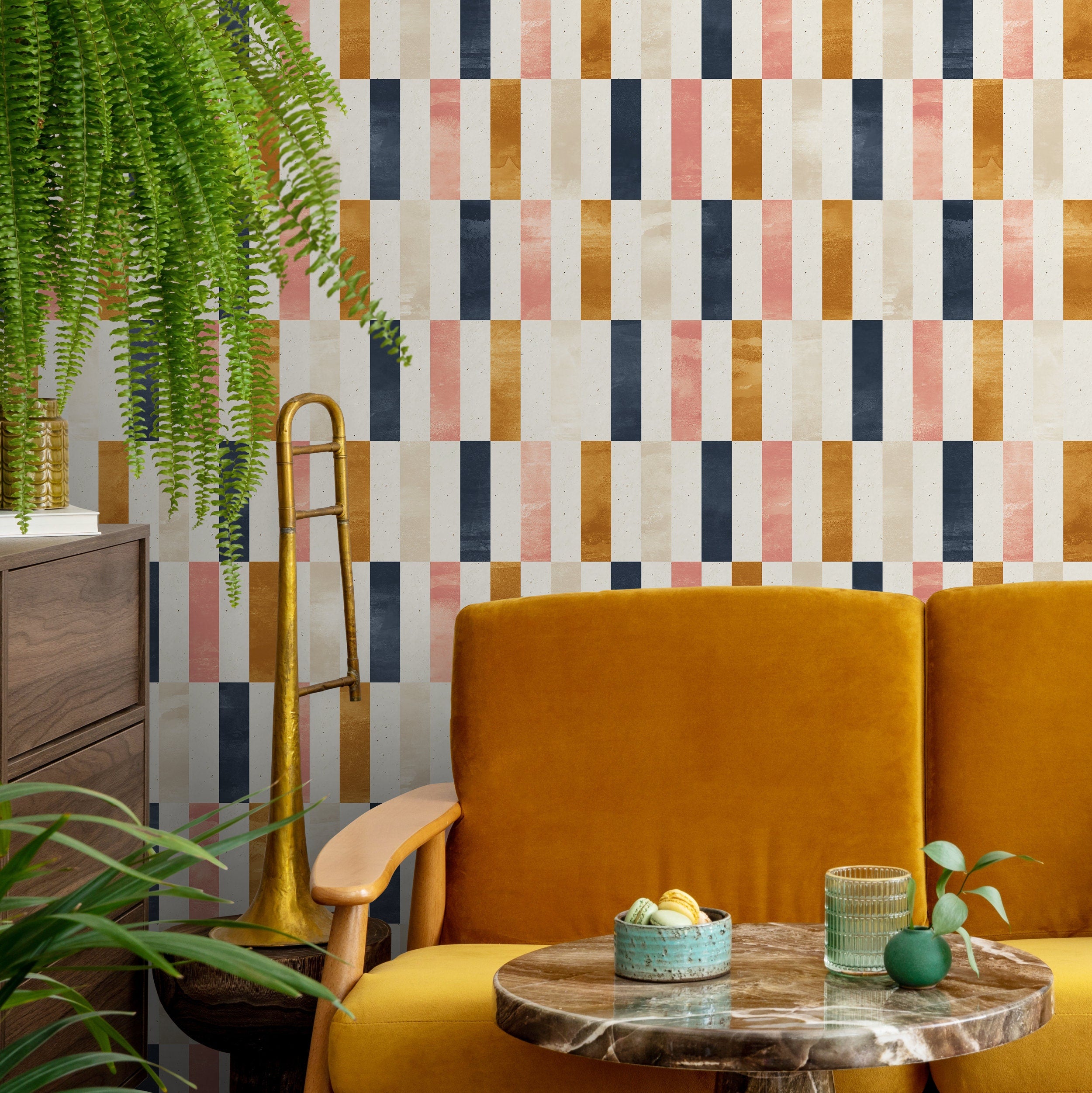 Geometric Wallpaper With A Rectangular Block Pattern In Blue, Pink, And Gold - A375