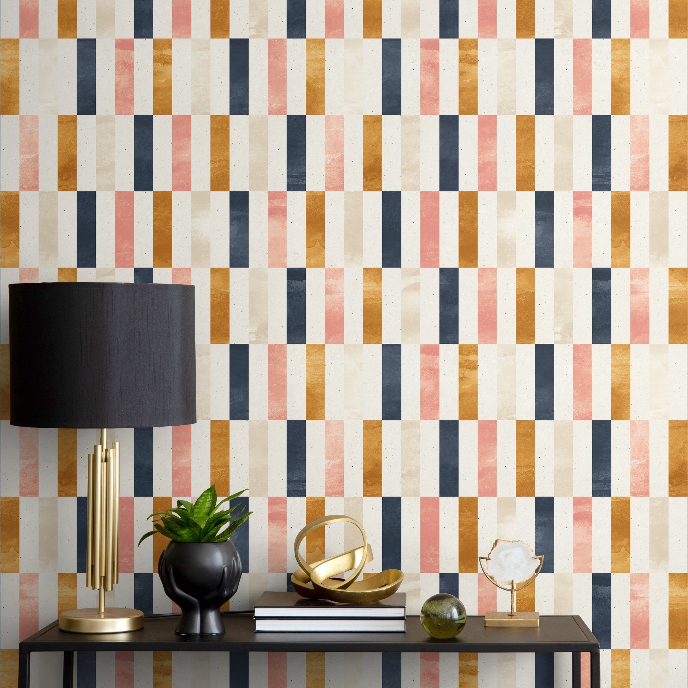 Geometric Wallpaper With A Rectangular Block Pattern In Blue, Pink, And Gold - A375