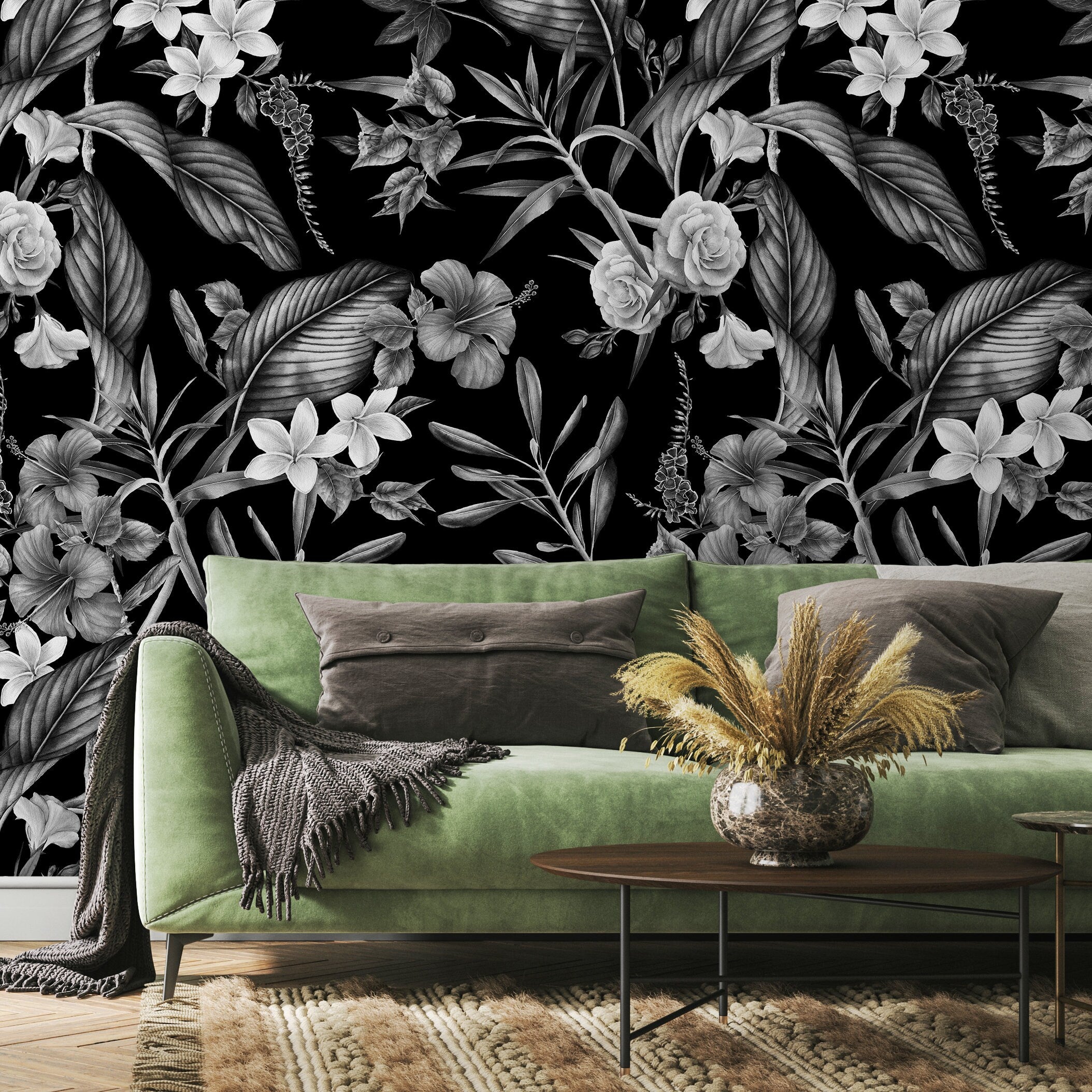 Botanical Wallpaper With Vintage Tropical Florals In Black And White - A382