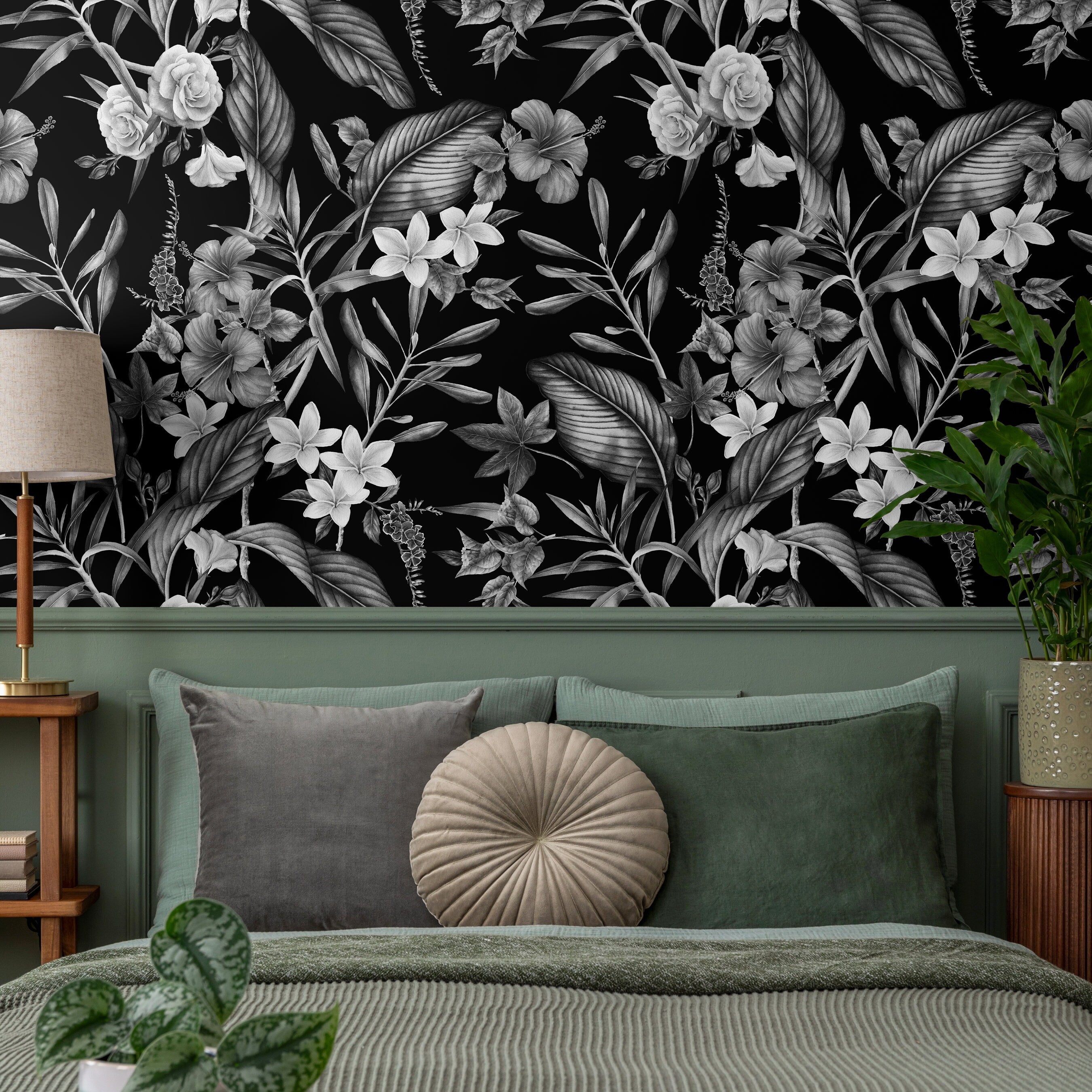 Botanical Wallpaper With Vintage Tropical Florals In Black And White - A382