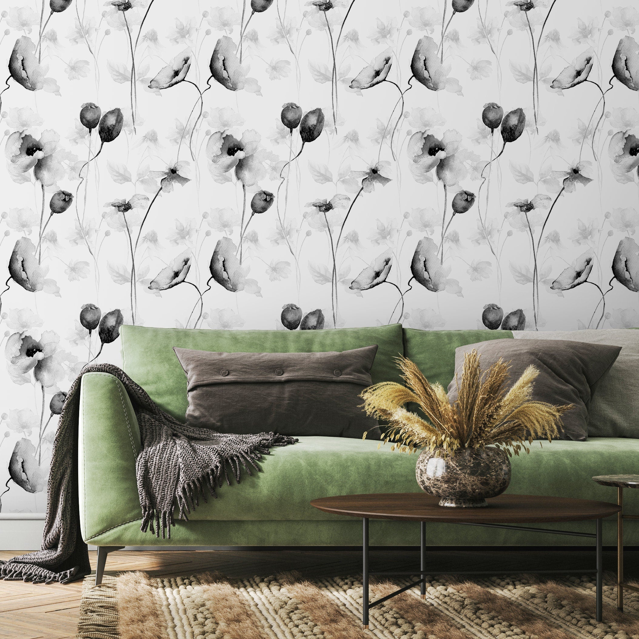 Floral Wallpaper With Watercolor Poppies In Black And White - A383