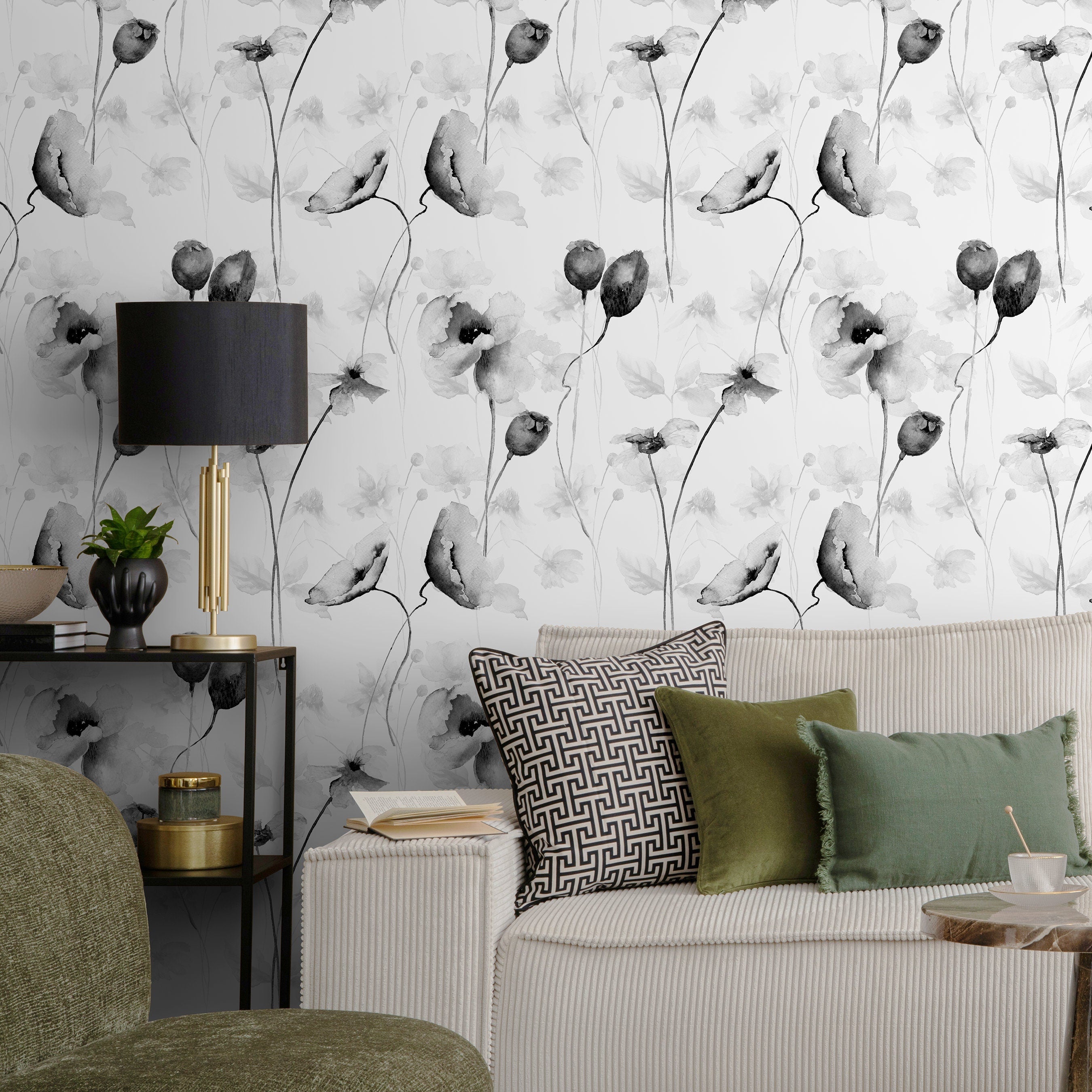 Floral Wallpaper With Watercolor Poppies In Black And White - A383
