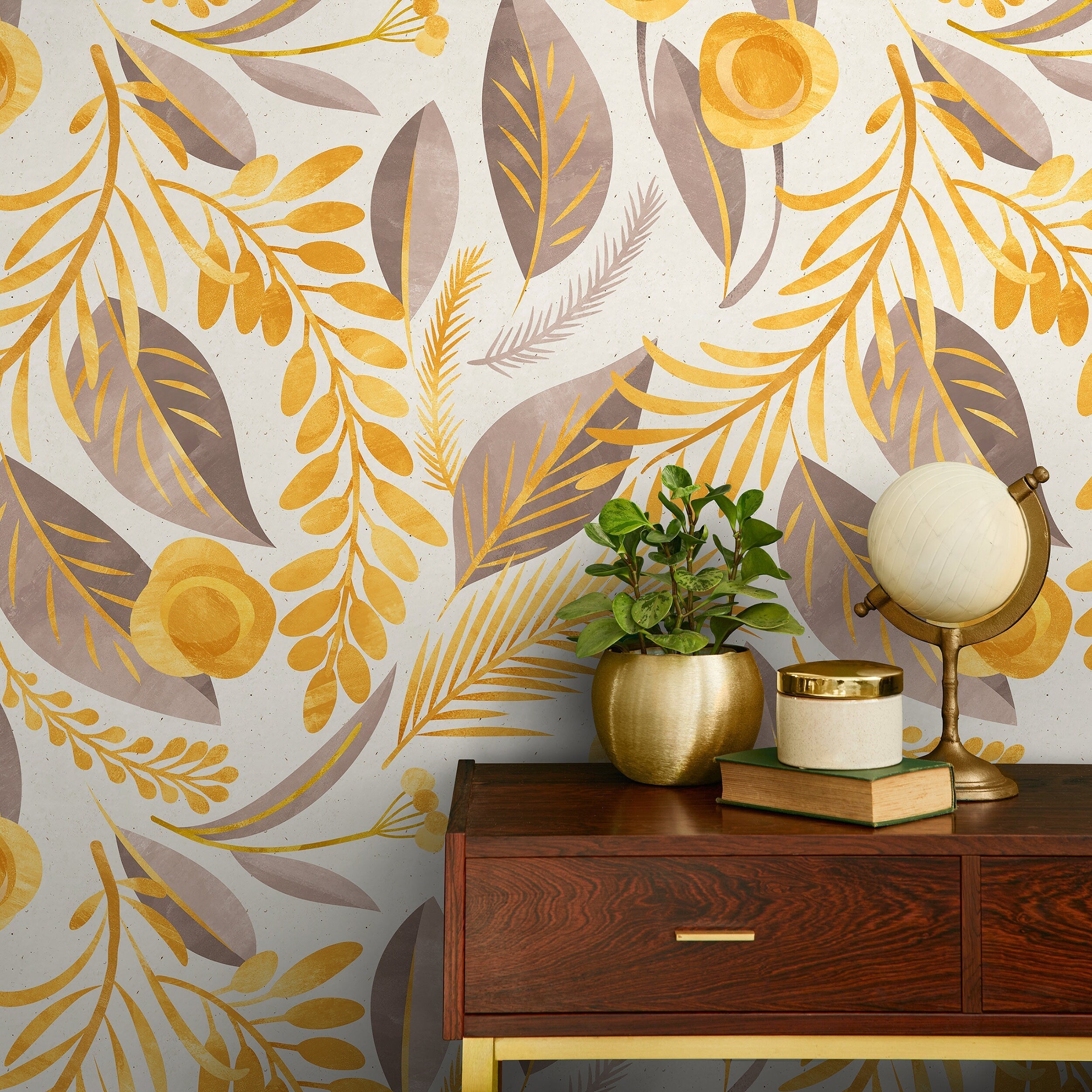 Botanical Wallpaper With Stylized Leaves And Flowers In Yellow And Taupe - A386