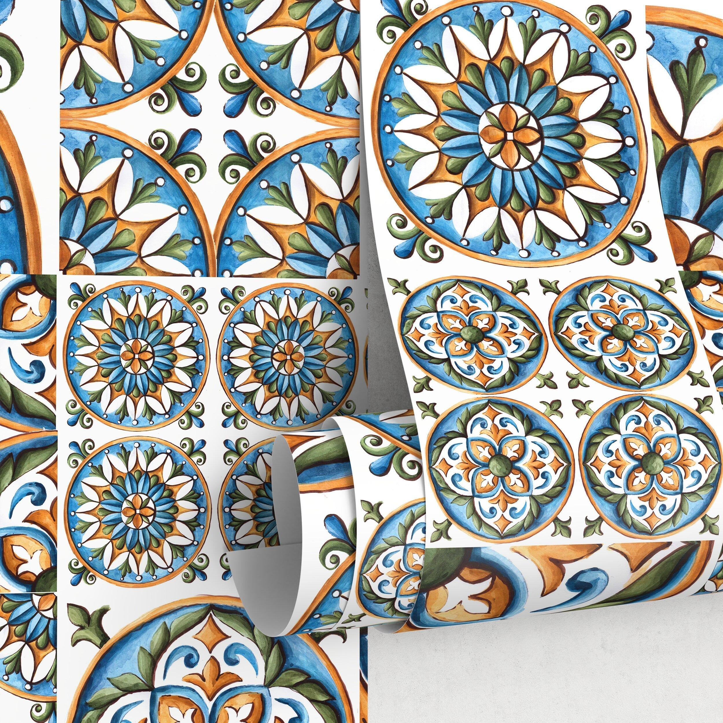 Tile Wallpaper With A Portuguese Azulejos Motif In Blue, Orange, And Green - A388