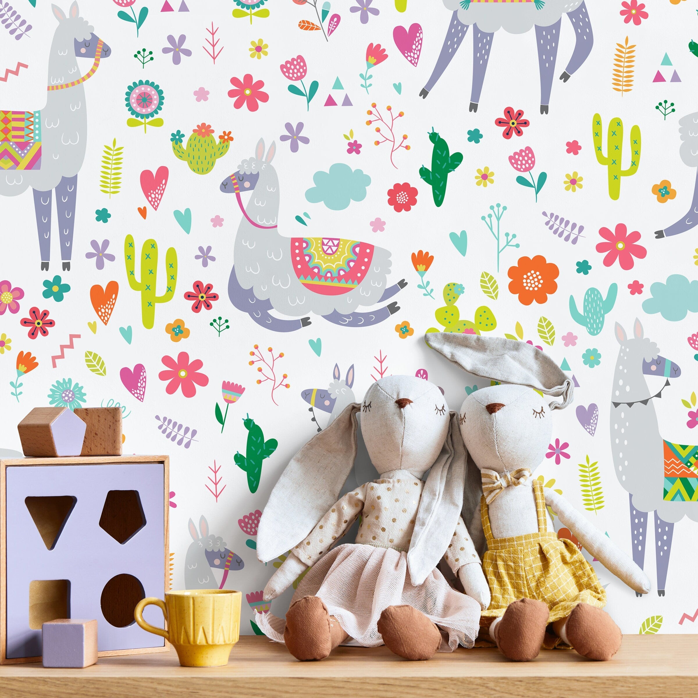 Kids Wallpaper With Whimsical Llamas In Pink, Green, And Orange - A389