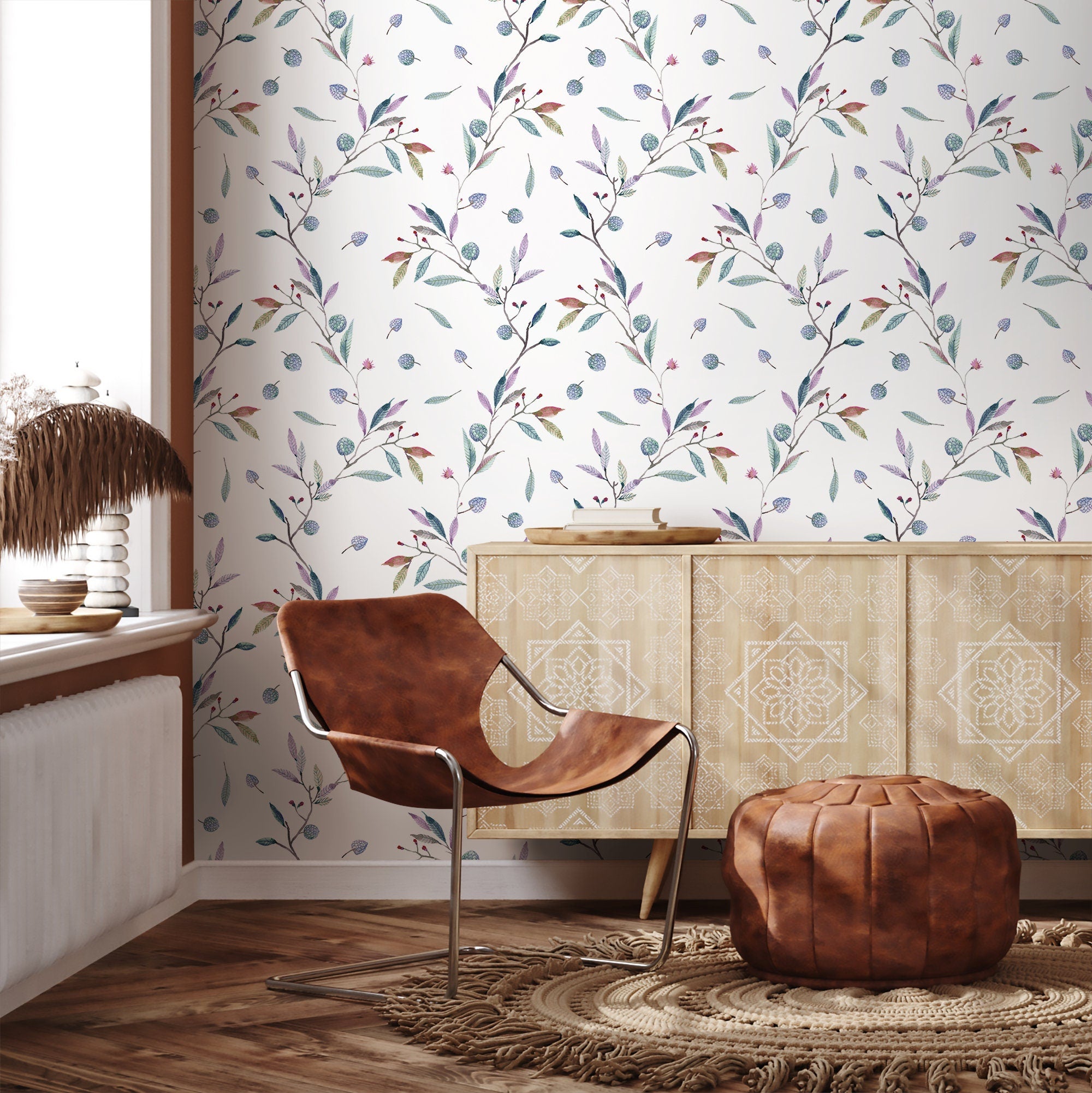 Botanical Wallpaper With A Delicate Berry Branch Motif In Green, Purple, And Red - A391