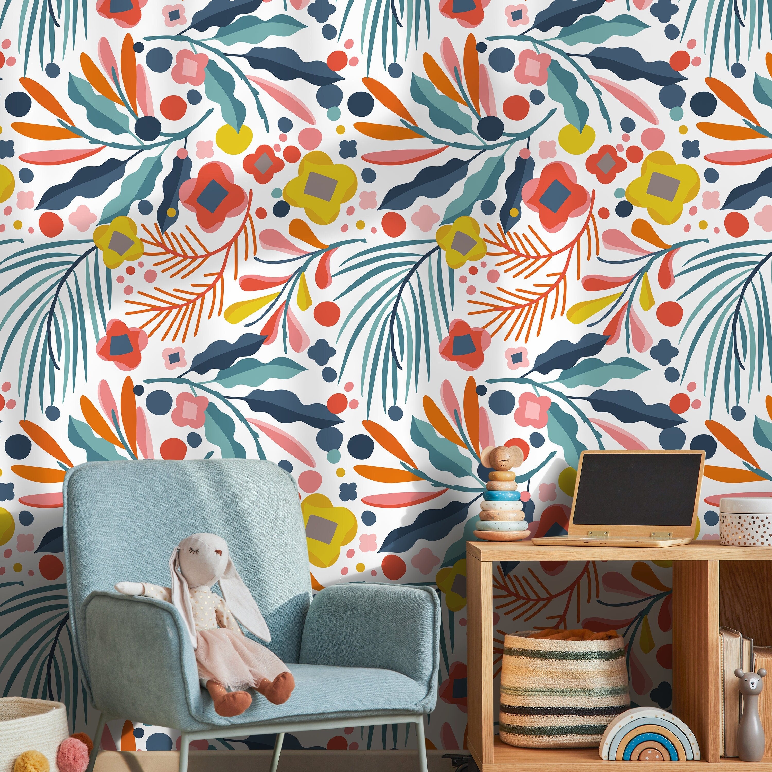 Botanical Wallpaper With Abstract Cutout Florals In Blue, Orange, And Yellow - A396