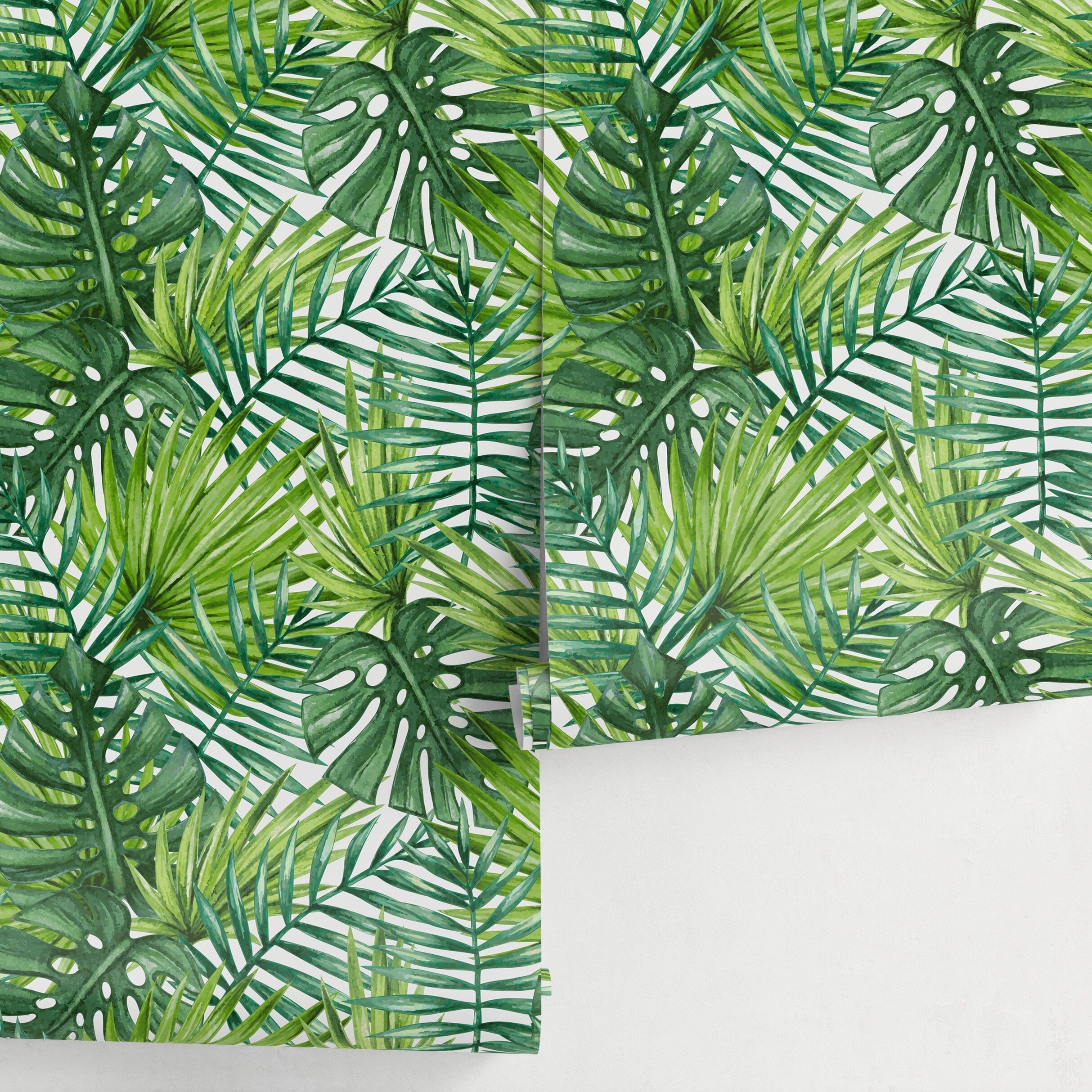 Tropical Wallpaper Featuring Lush Monstera And Palm Leaves In Green - A399