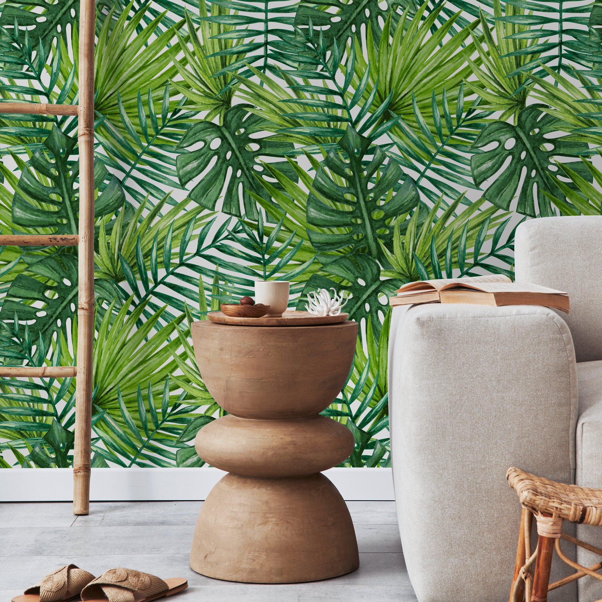 Tropical Wallpaper Featuring Lush Monstera And Palm Leaves In Green - A399