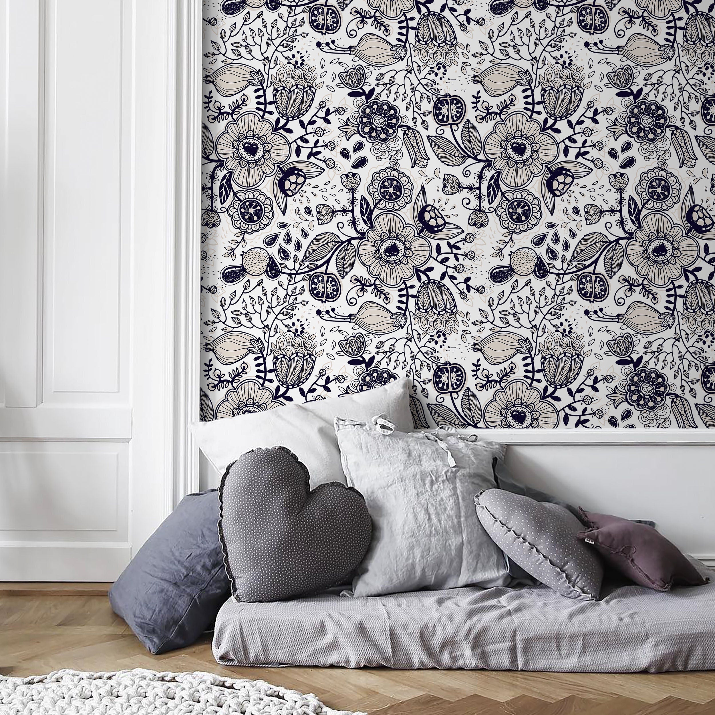 Floral Wallpaper Featuring Intricate Line Art In Dark Blue And Beige - A406