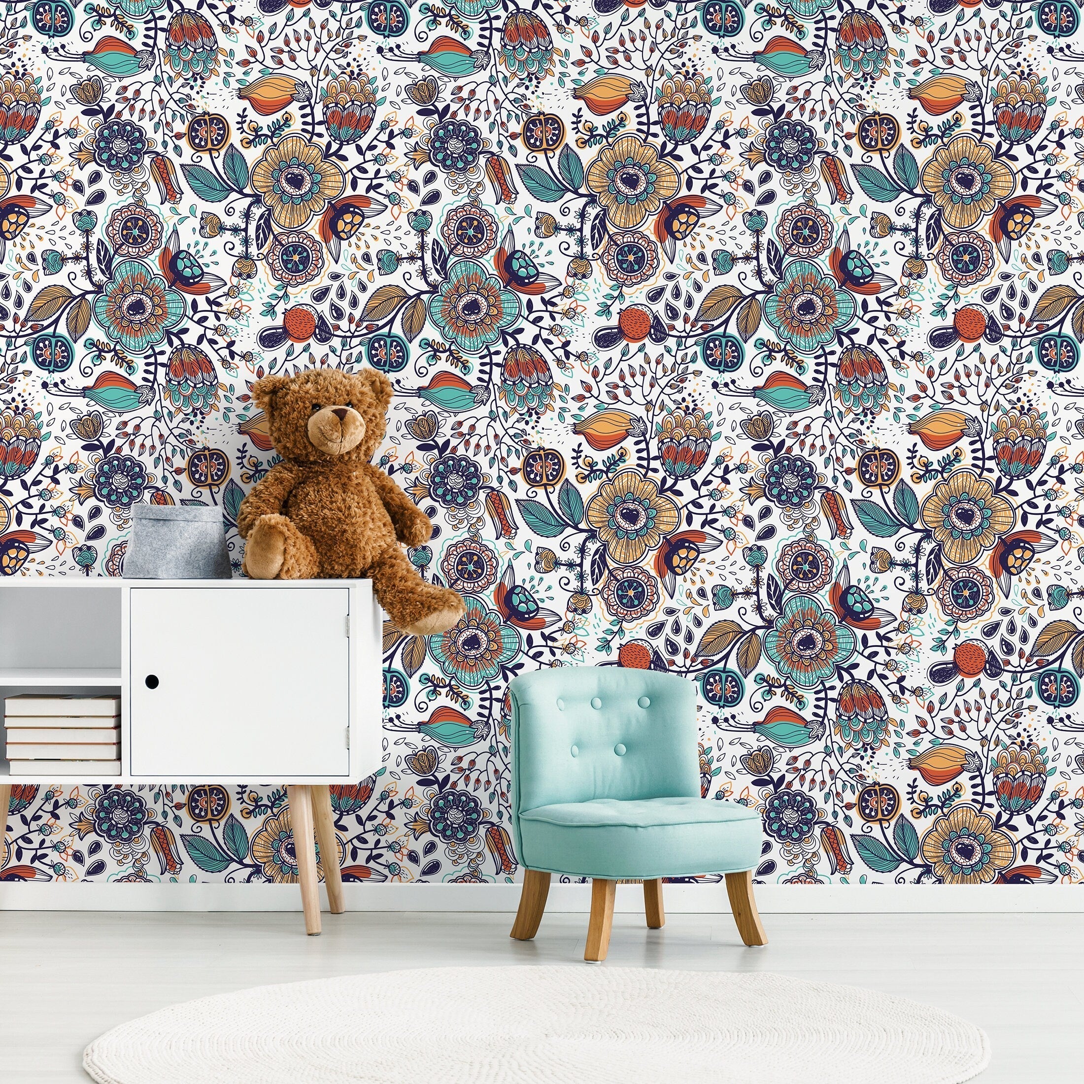Botanical Wallpaper With Folk Art Florals In Teal, Orange, And Blue - A407