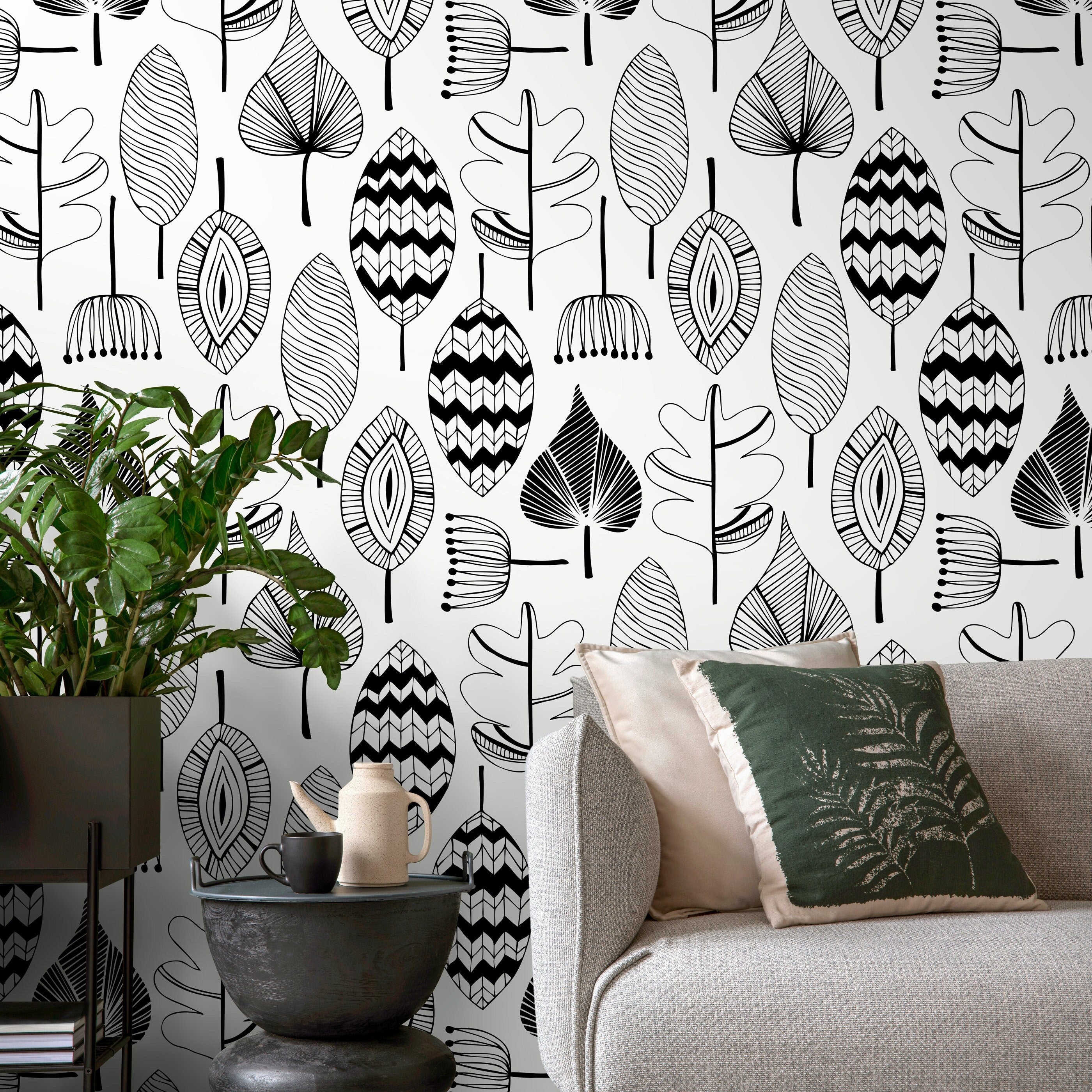 Botanical Wallpaper With Stylized Leaf Motifs In Black And White - A411