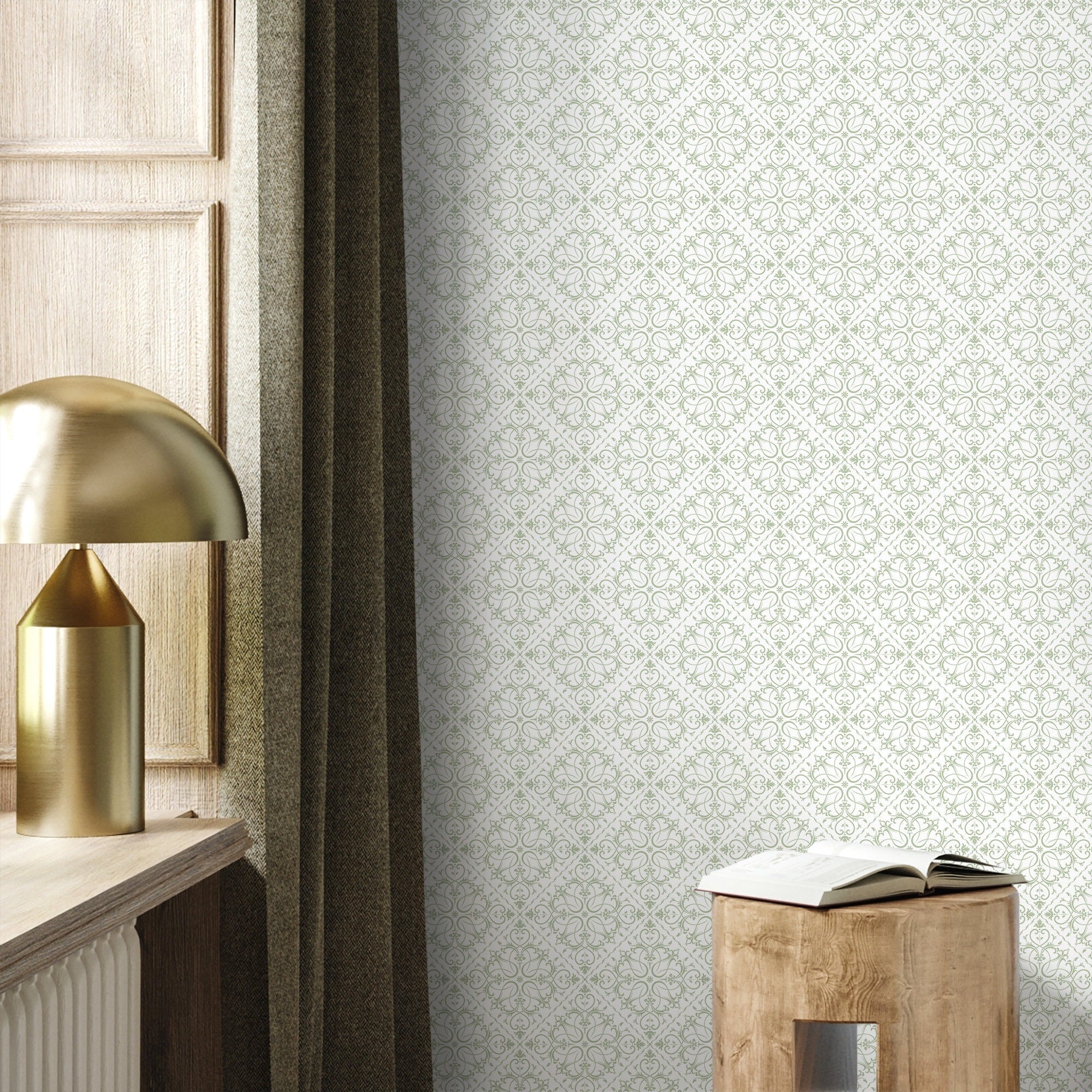 Tile Wallpaper With An Intricate Filigree Motif In Light Green - A413