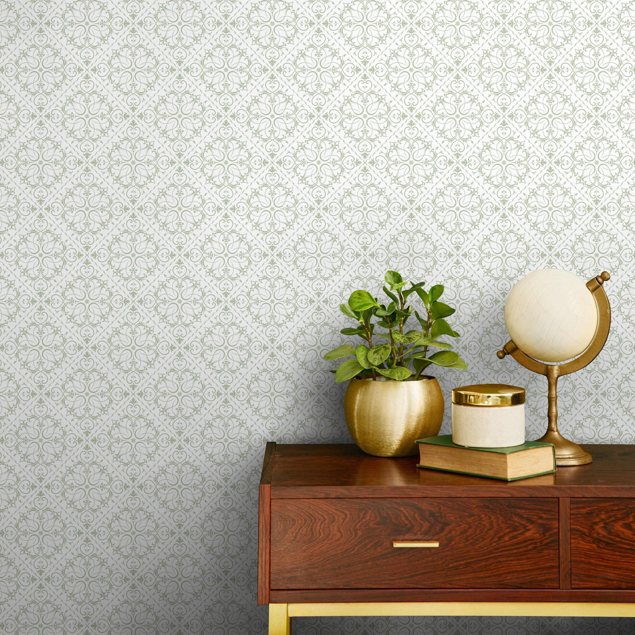 Tile Wallpaper With An Intricate Filigree Motif In Light Green - A413
