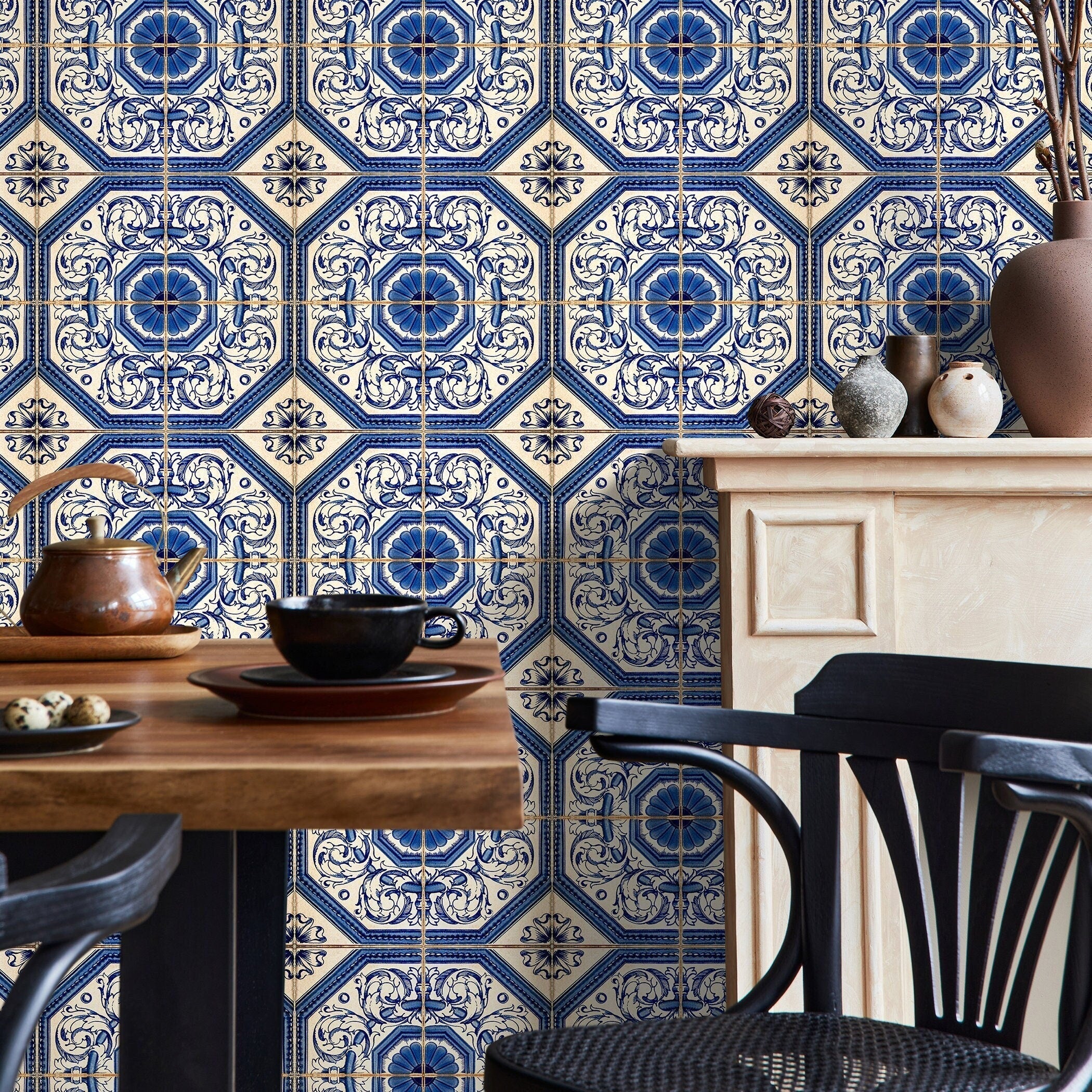 Tile Wallpaper Inspired By Portuguese Azulejos In Blue And Cream - A417