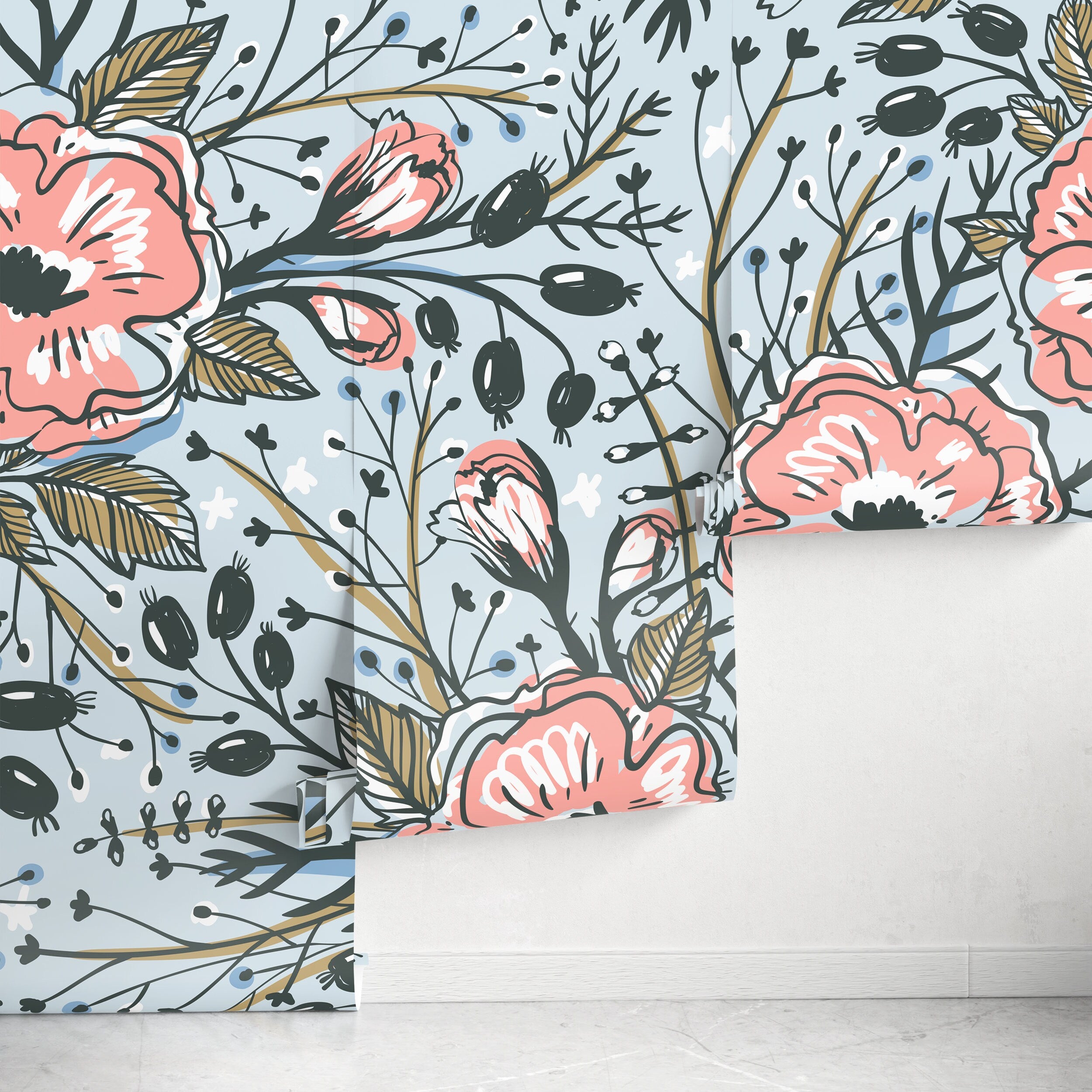 Floral Wallpaper With Stylized Poppies In Pink, Blue, And Black - A418
