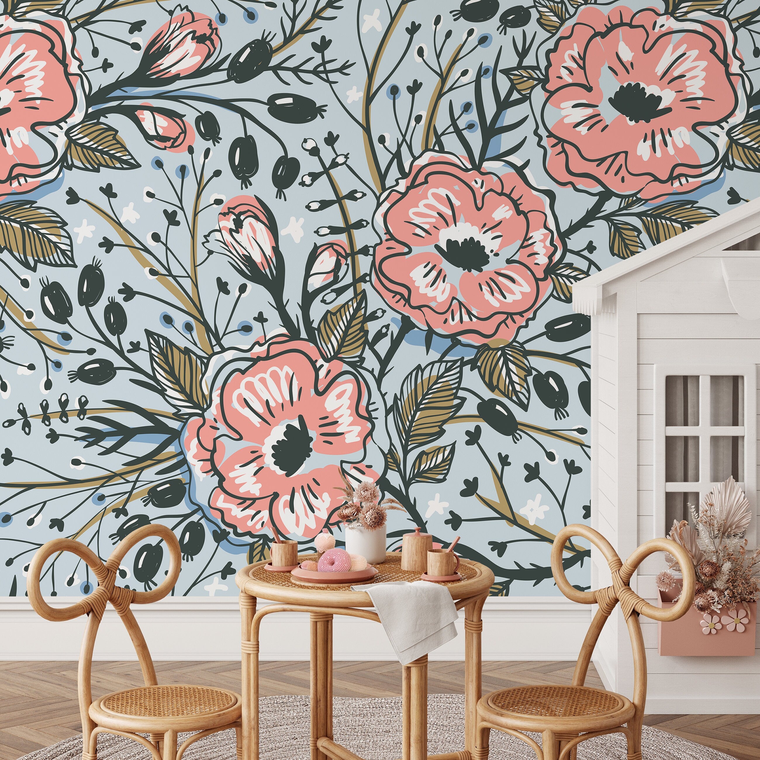 Floral Wallpaper With Stylized Poppies In Pink, Blue, And Black - A418