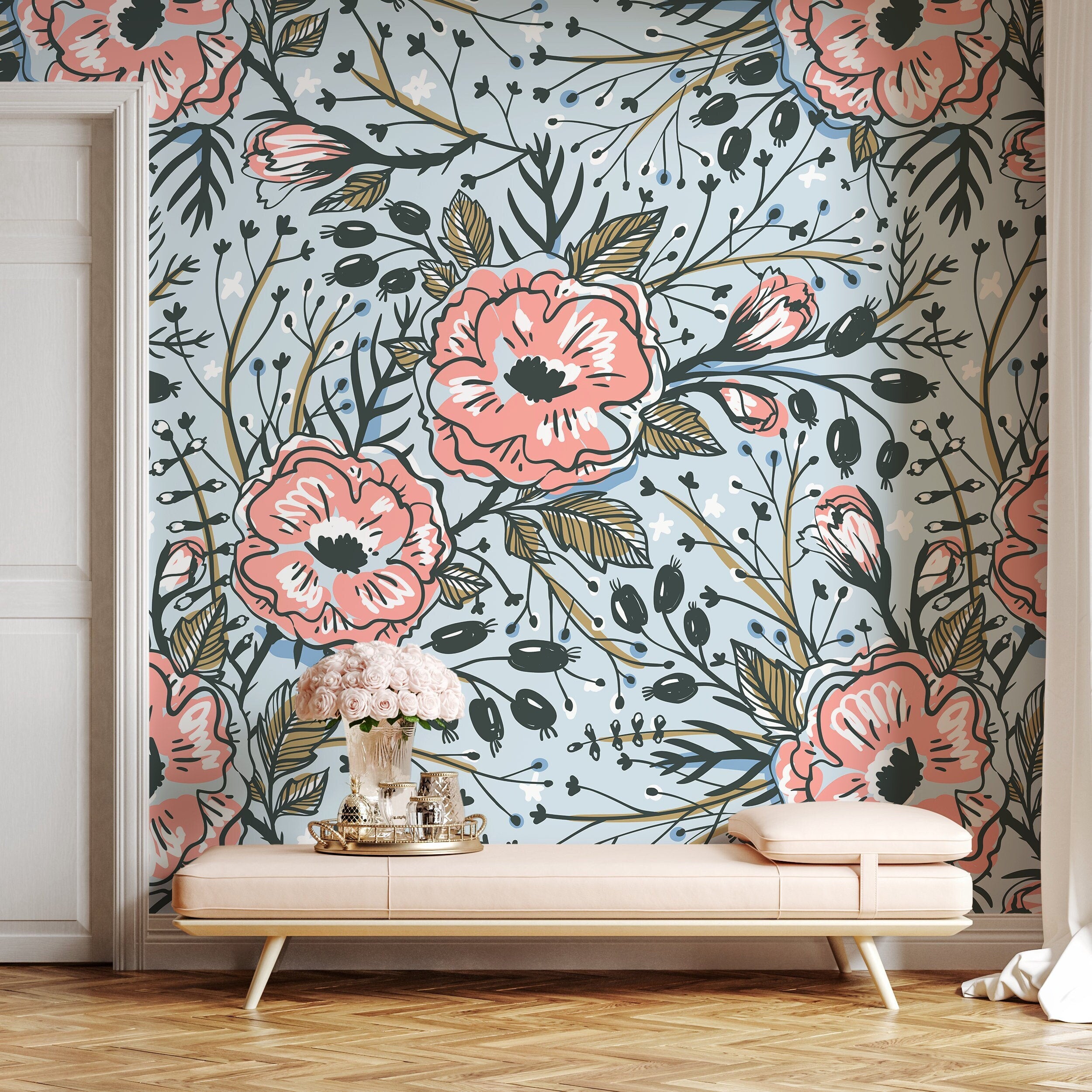 Floral Wallpaper With Stylized Poppies In Pink, Blue, And Black - A418