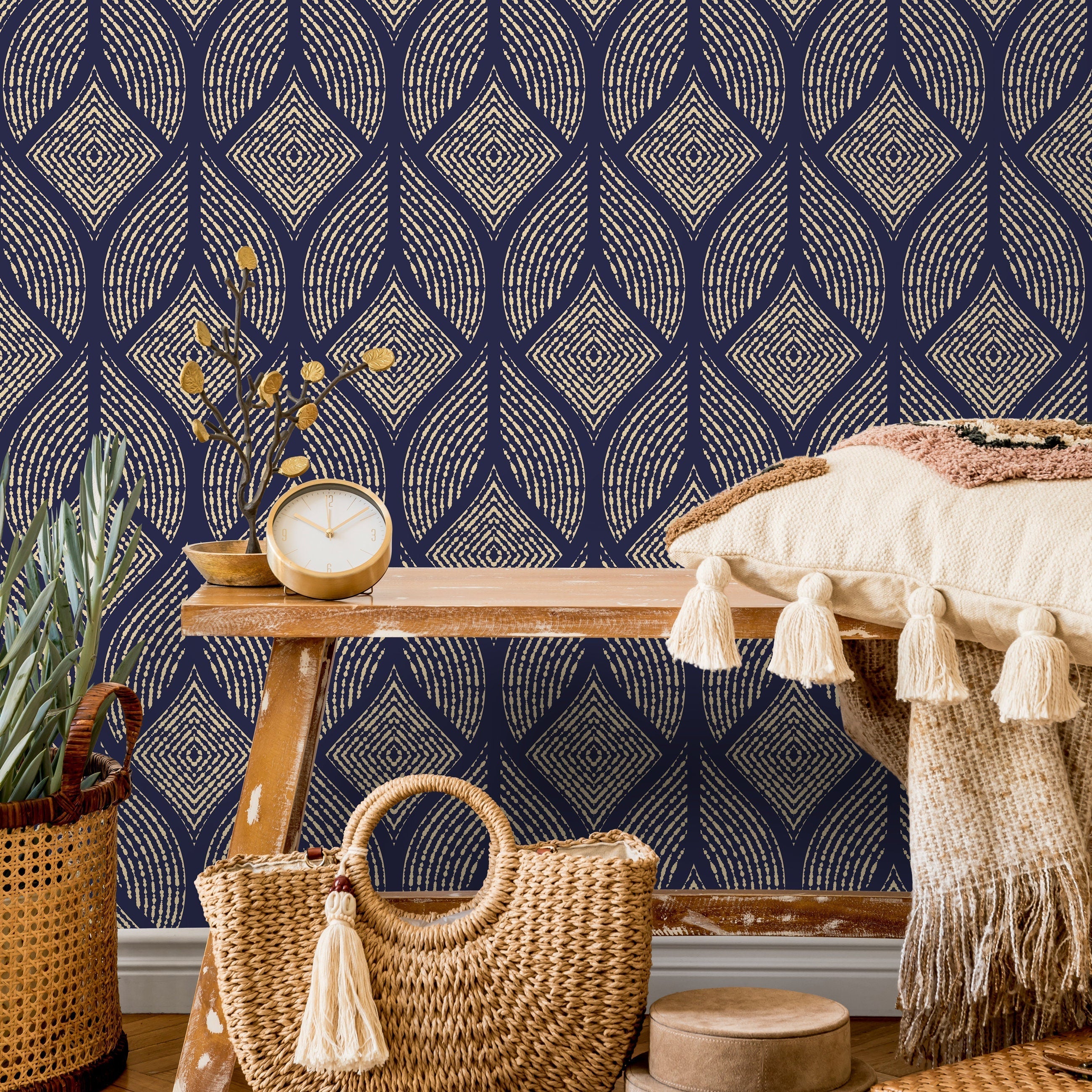 Geometric Wallpaper With Dotted Diamond Motifs In Navy Blue And Beige - A424