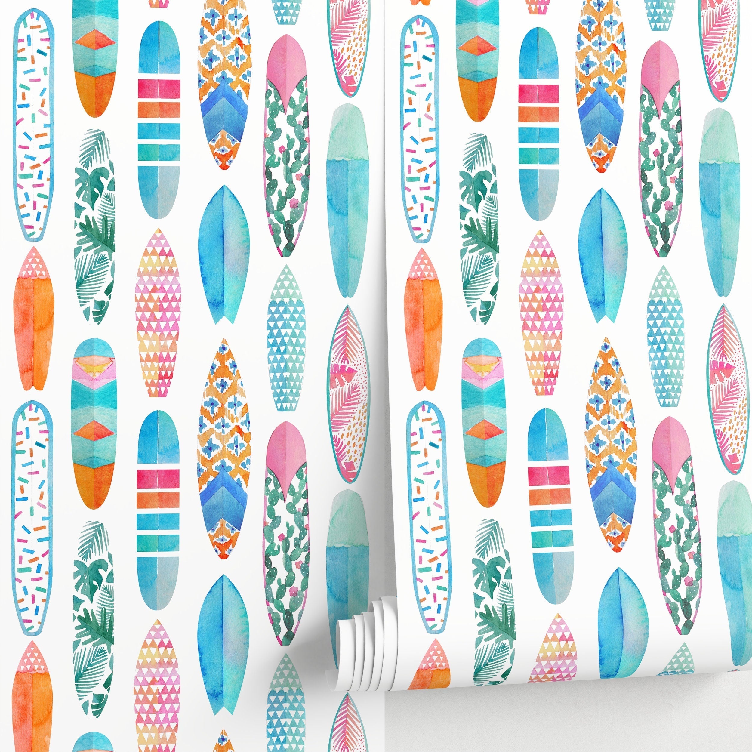 Coastal Wallpaper Featuring A Watercolor Surfboard Pattern In Blue, Pink, And Orange - A431