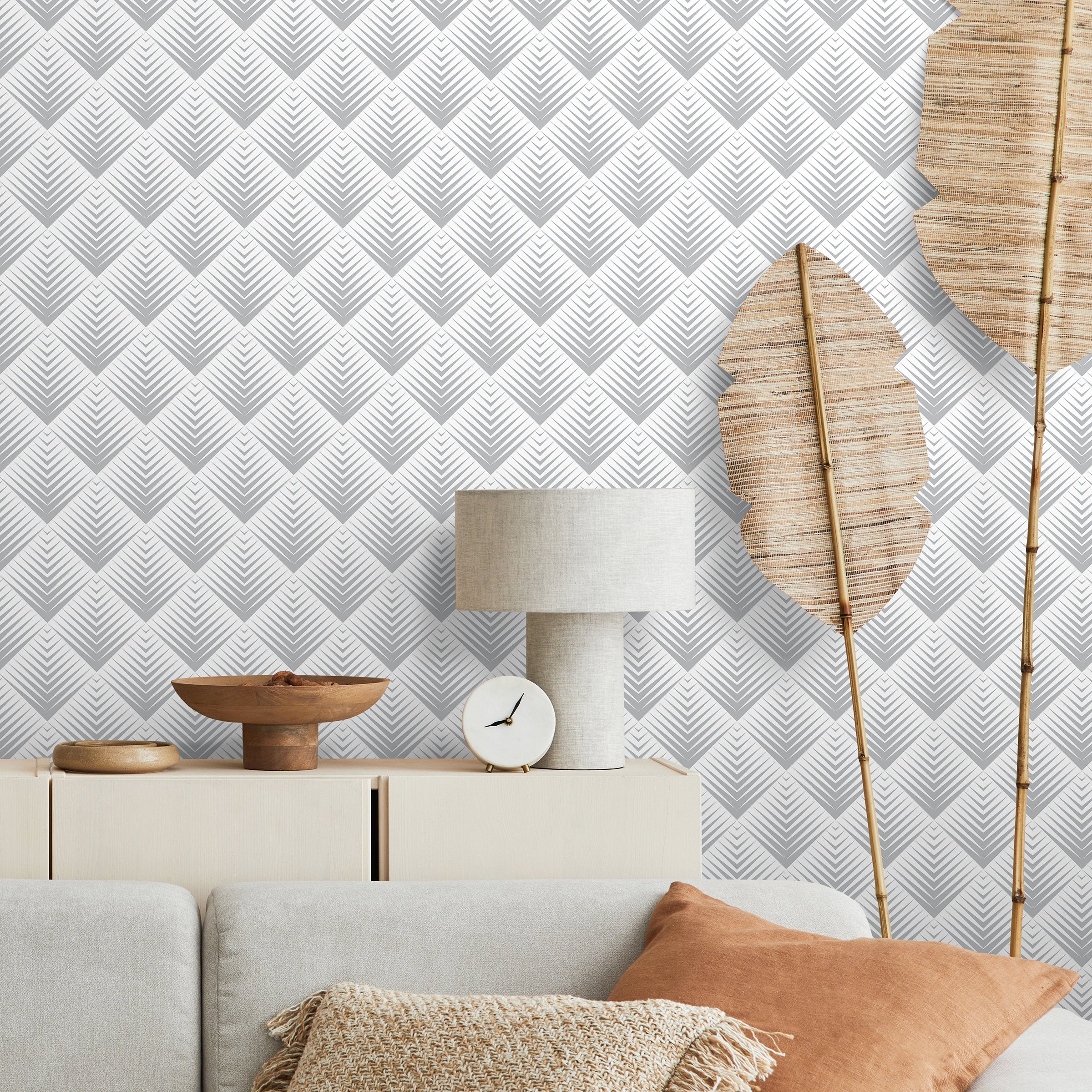 Art Deco Wallpaper With A Fanned Geometric Motif In Grey - A432