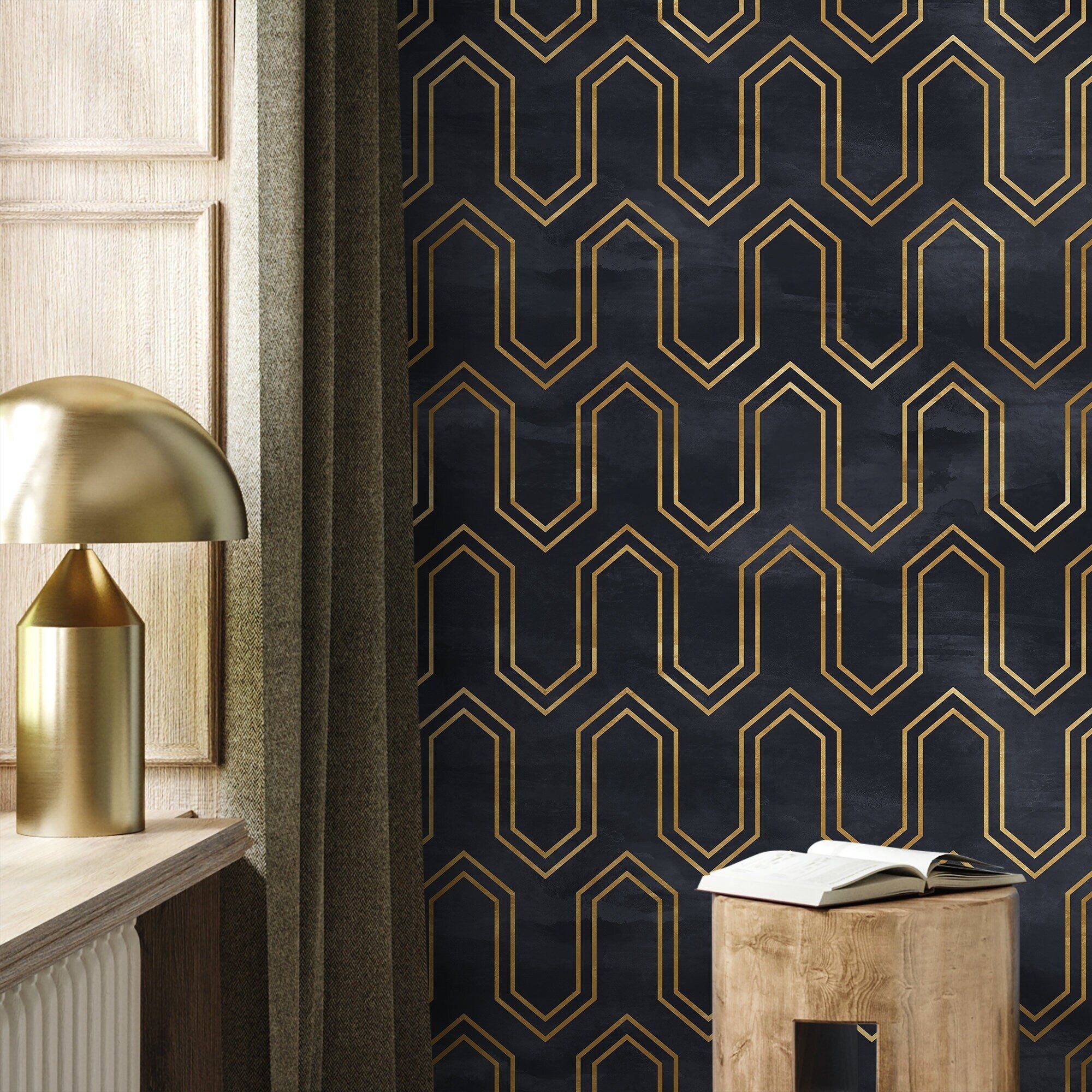 Art Deco Wallpaper With A Geometric Line Pattern In Black And Gold - A436