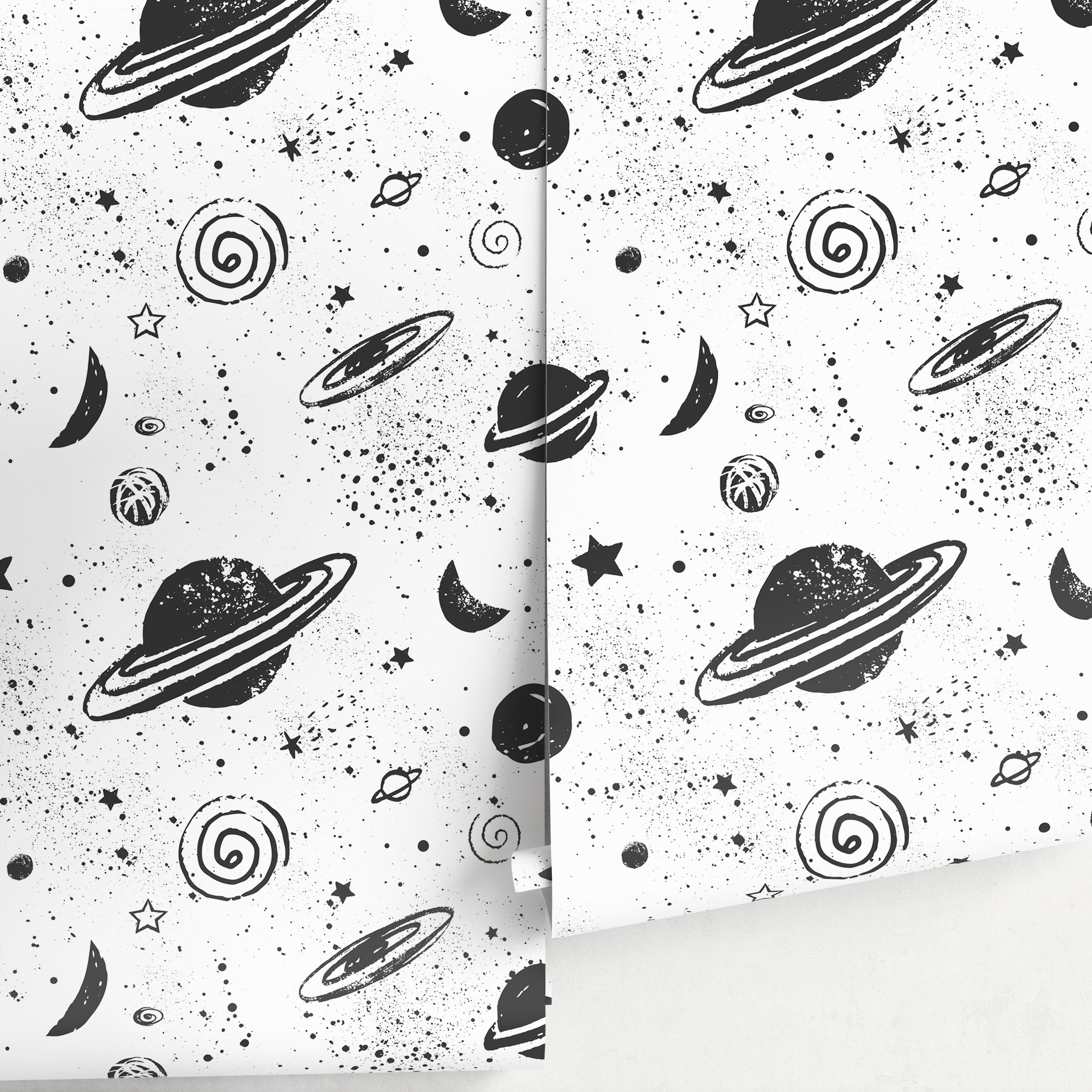 Space Wallpaper Featuring Hand-drawn Planets And Stars In Black And White - A441