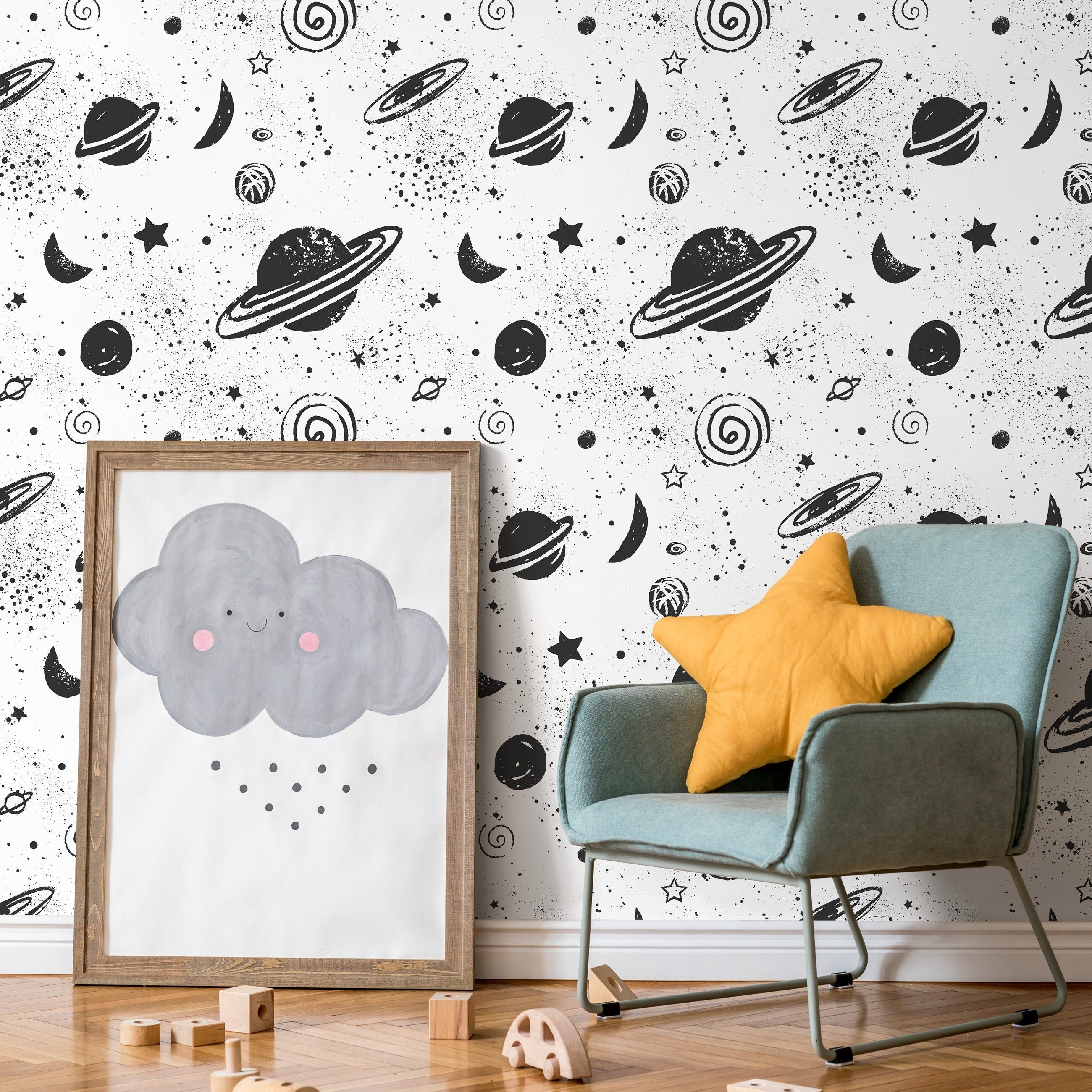 Space Wallpaper Featuring Hand-drawn Planets And Stars In Black And White - A441